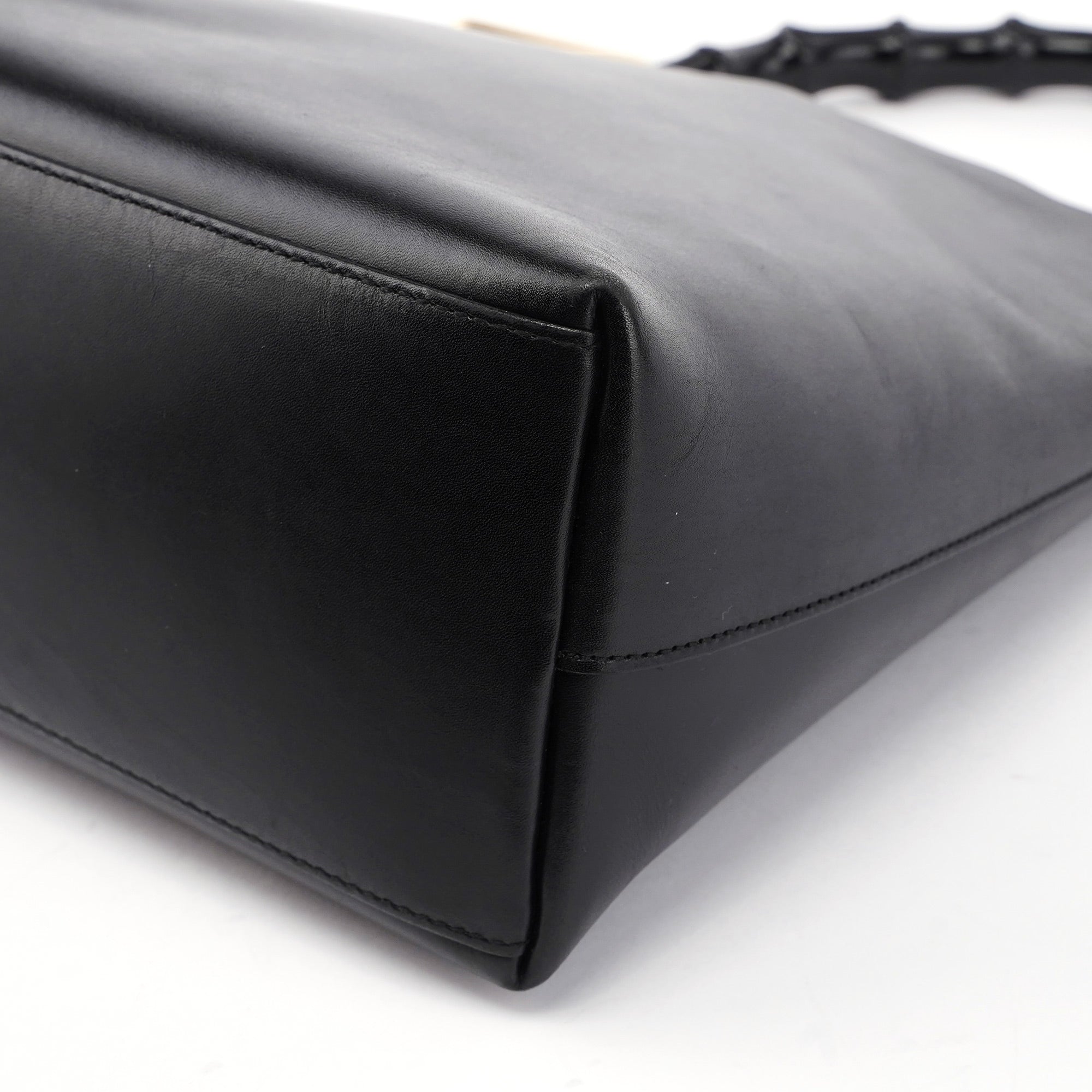 Black Leather Bamboo Shoulder Bag W/ Pouch