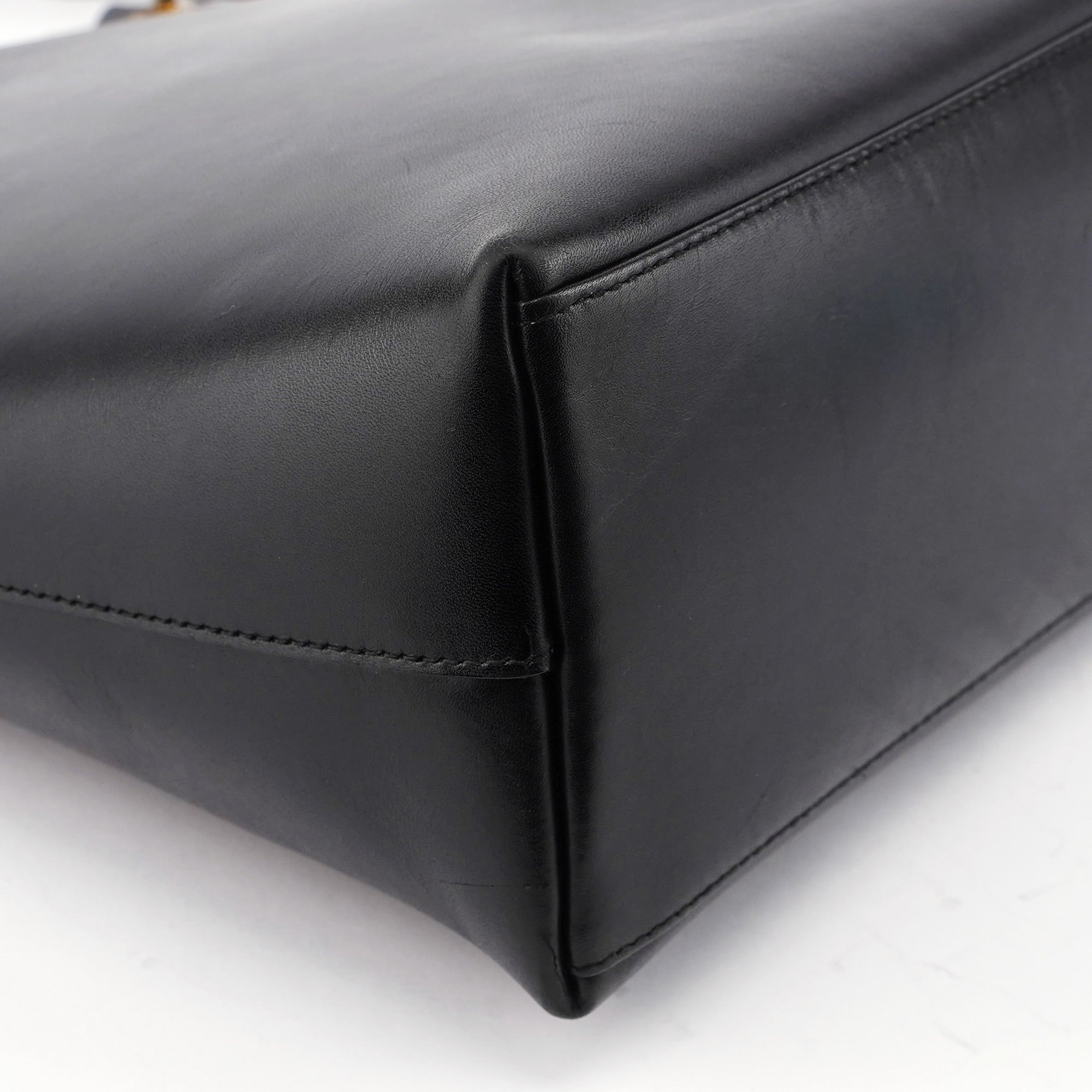 Black Leather Bamboo Shoulder Bag W/ Pouch