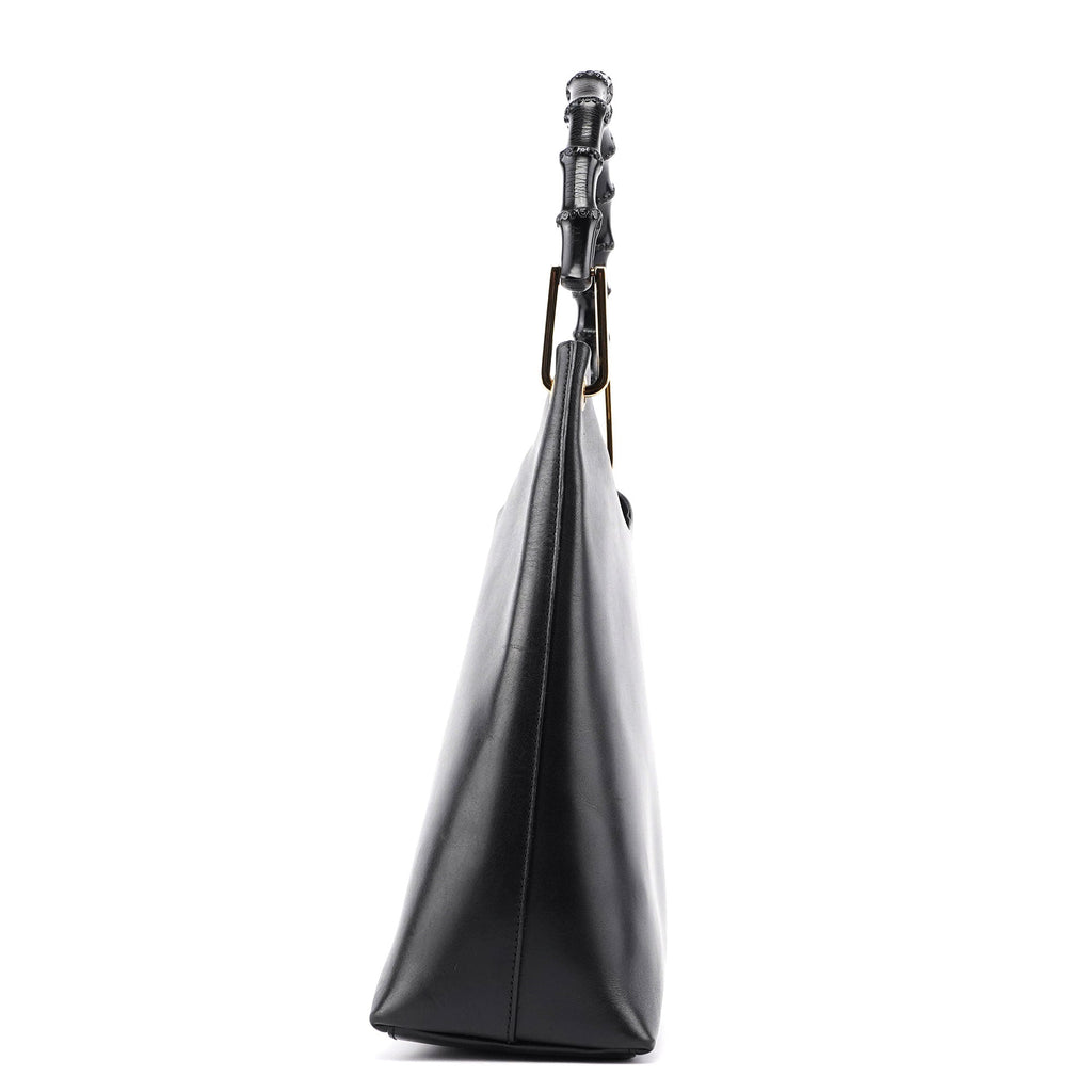 Black Leather Bamboo Shoulder Bag W/ Pouch