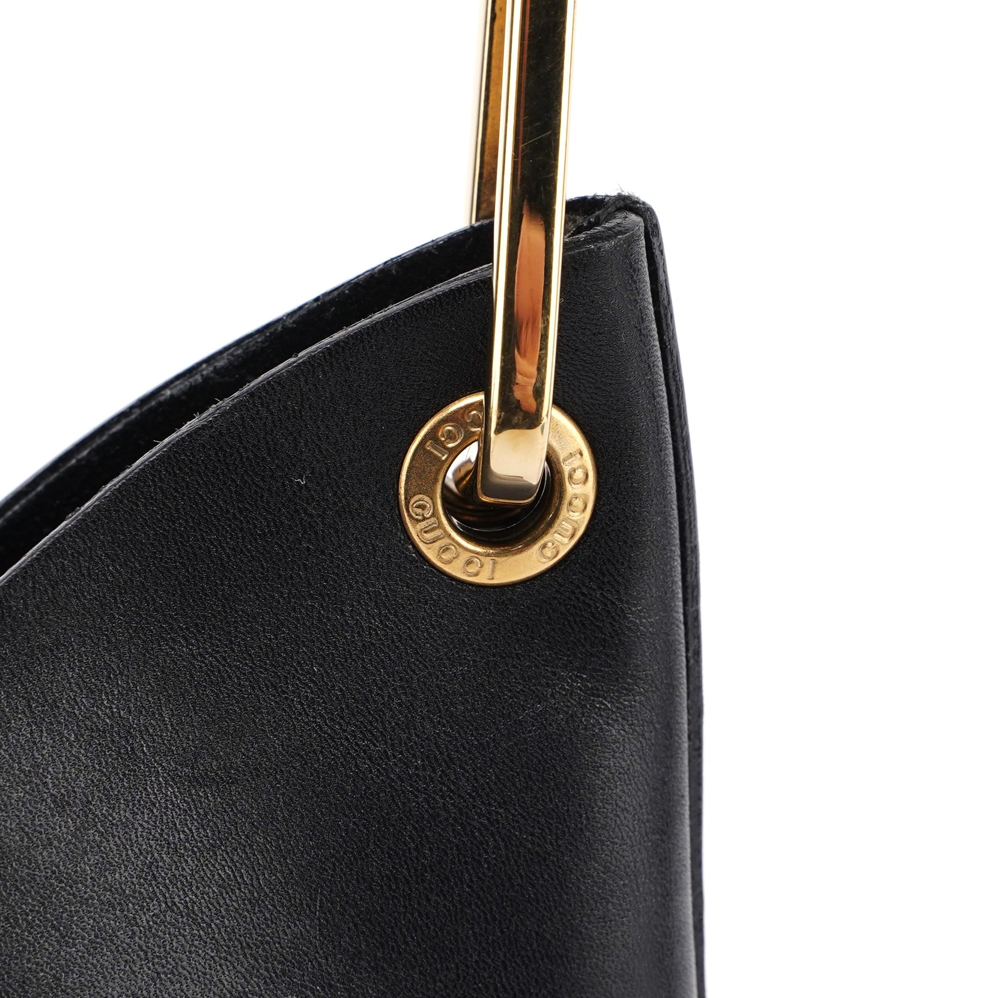 Black Leather Bamboo Shoulder Bag W/ Pouch
