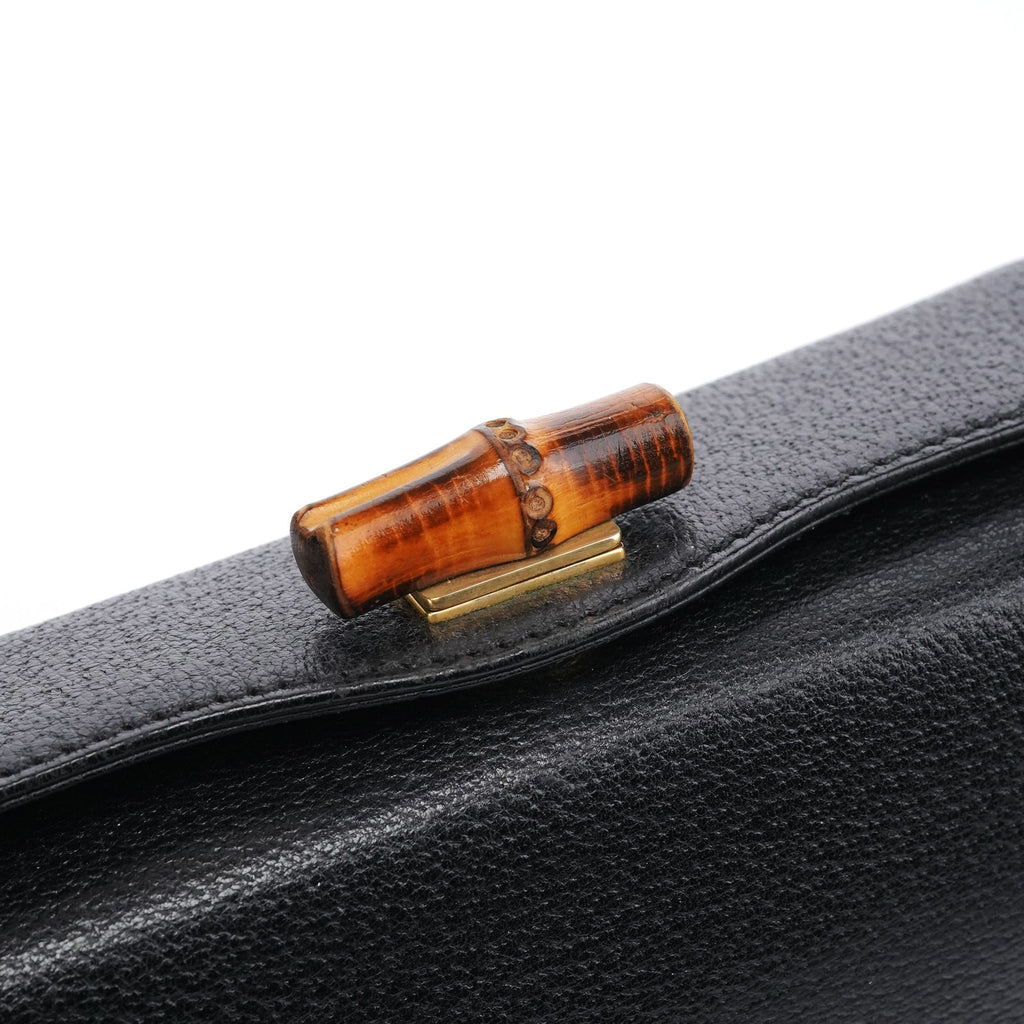 Black Leather Bamboo Turnlock Shoulder Bag