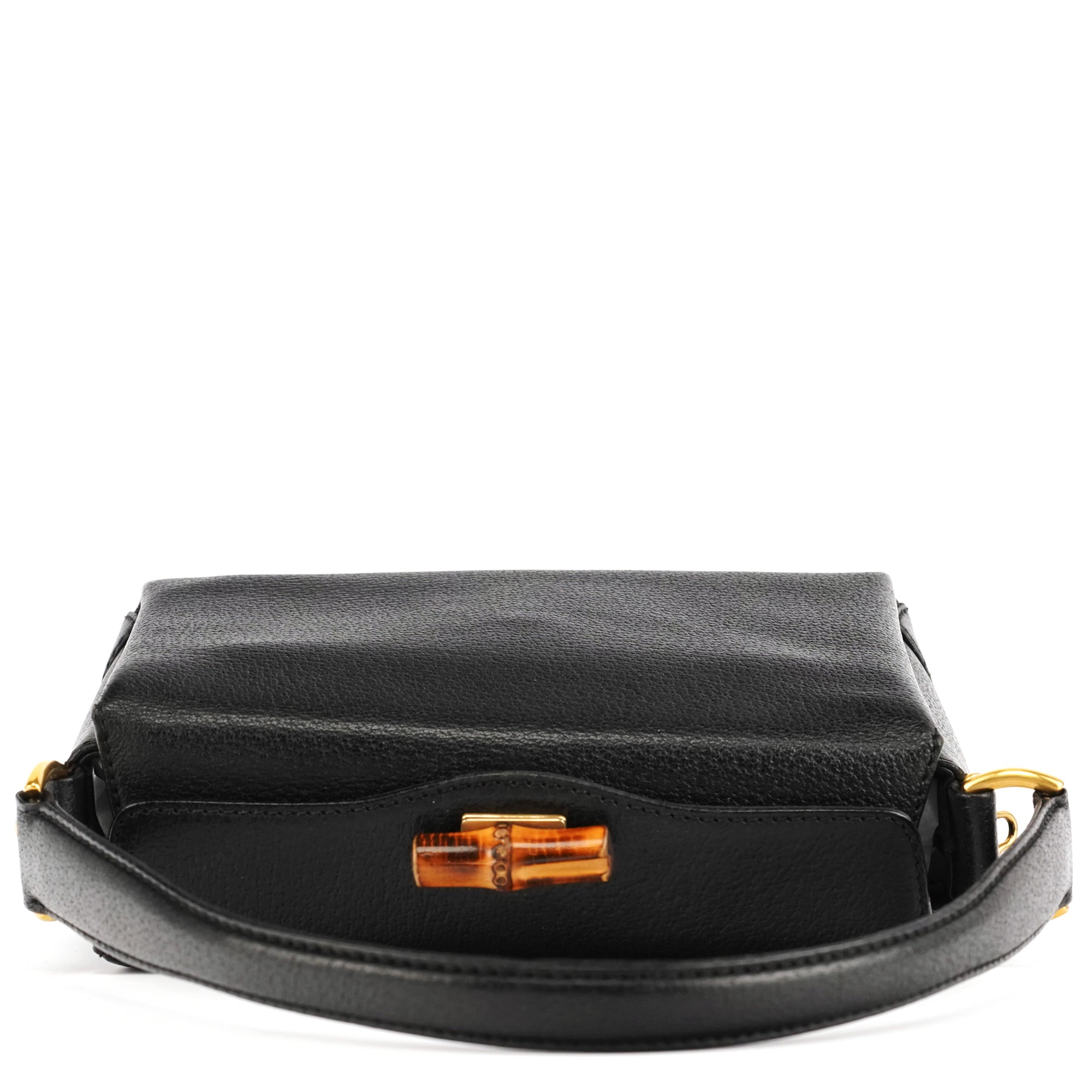 Black Leather Bamboo Turnlock Shoulder Bag