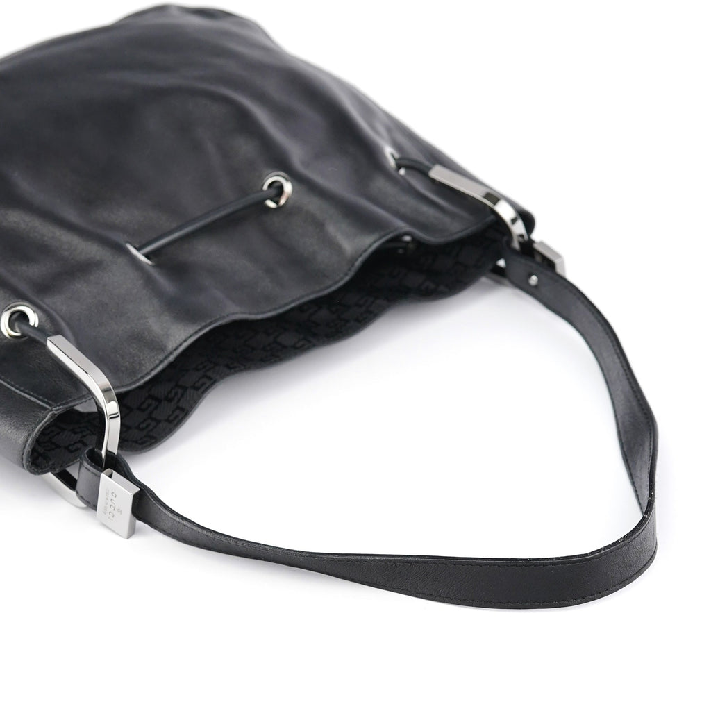 Black Leather Drawstring Shoulder Bag