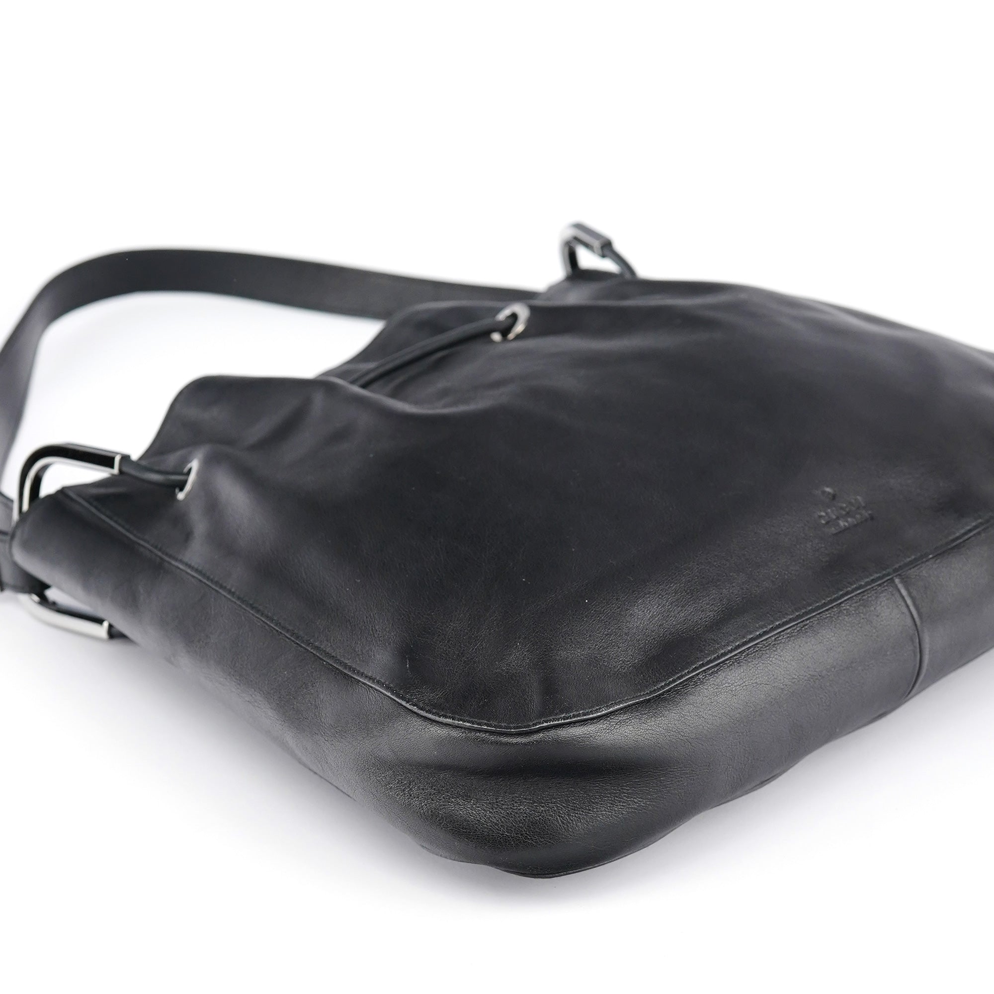 Black Leather Drawstring Shoulder Bag