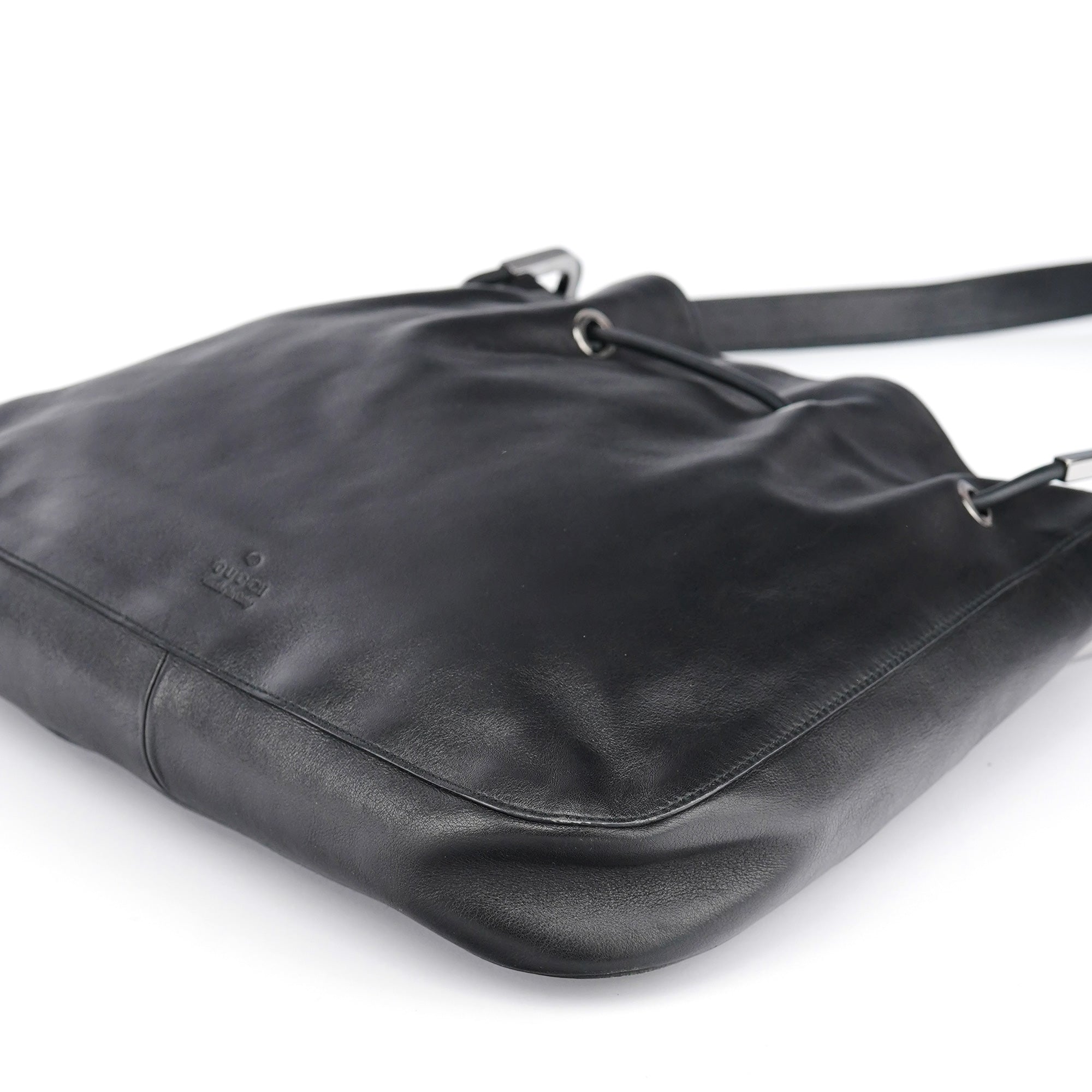 Black Leather Drawstring Shoulder Bag