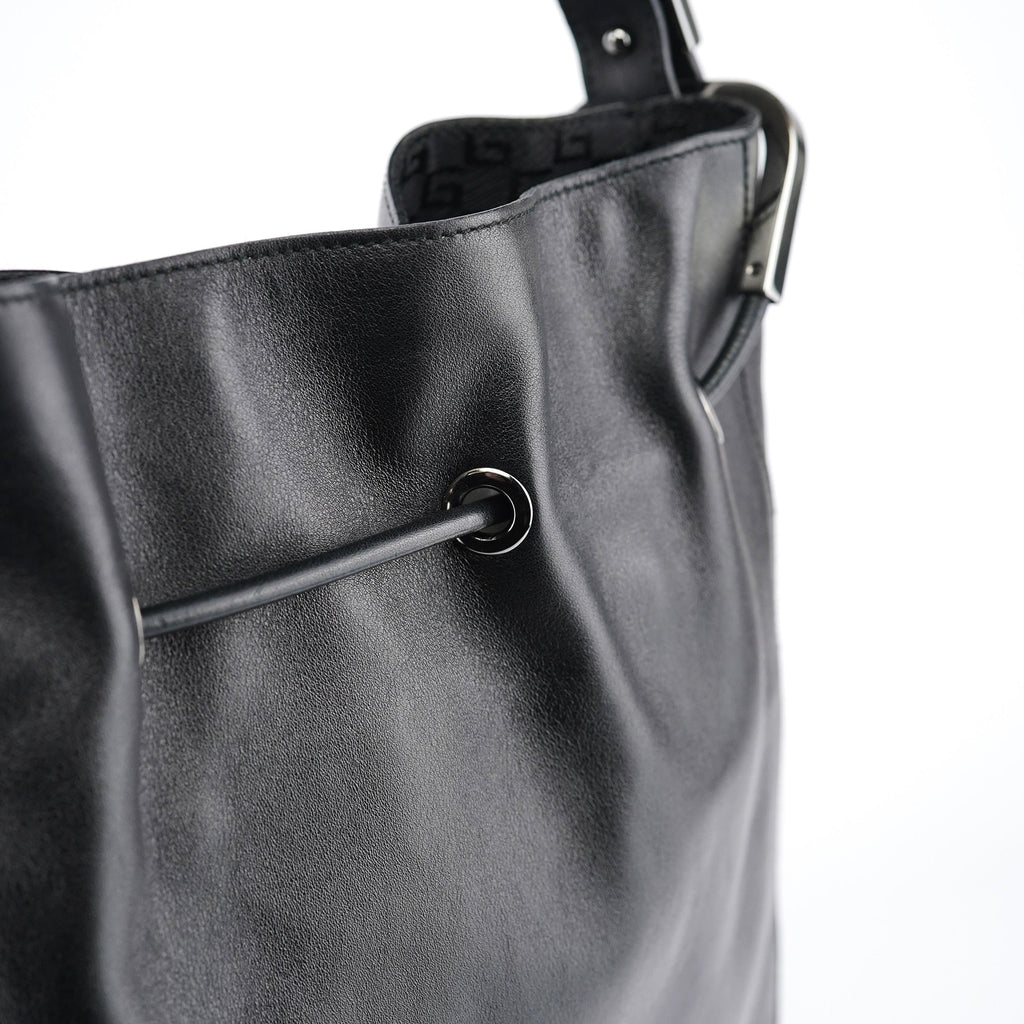 Black Leather Drawstring Shoulder Bag
