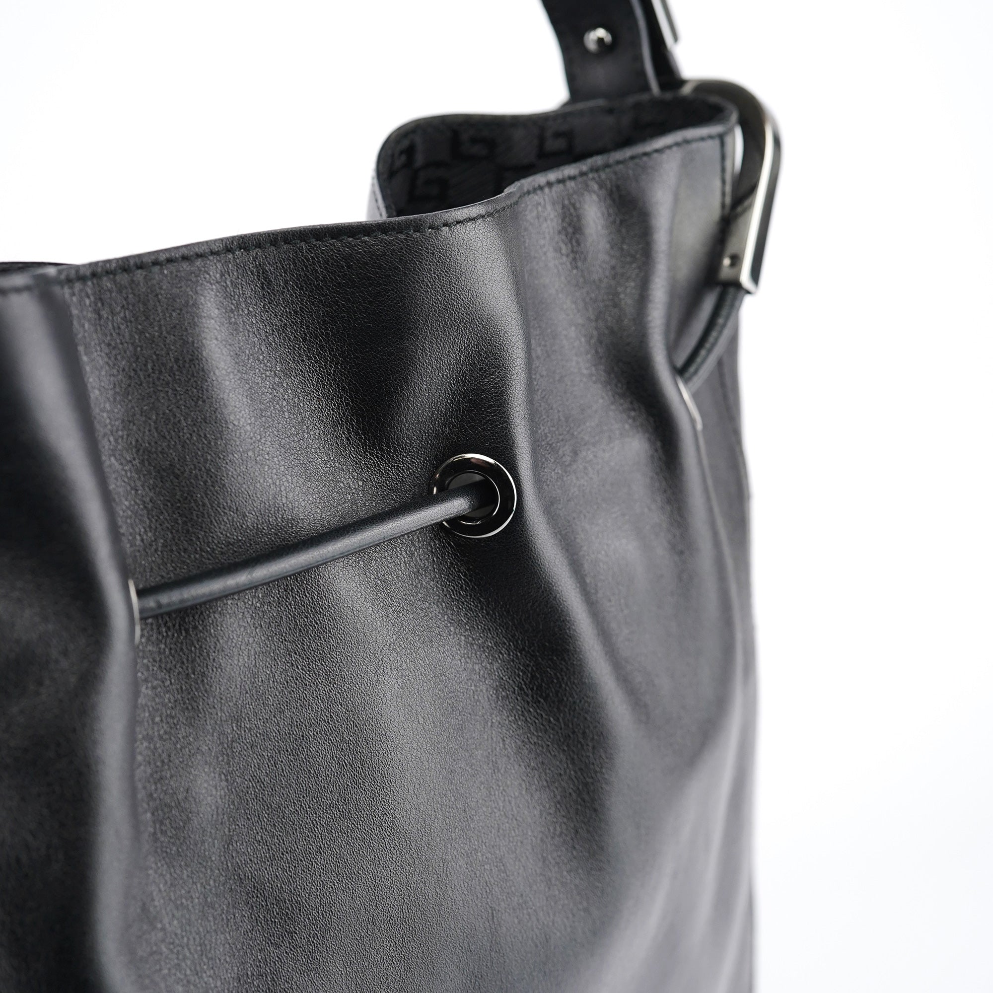Black Leather Drawstring Shoulder Bag
