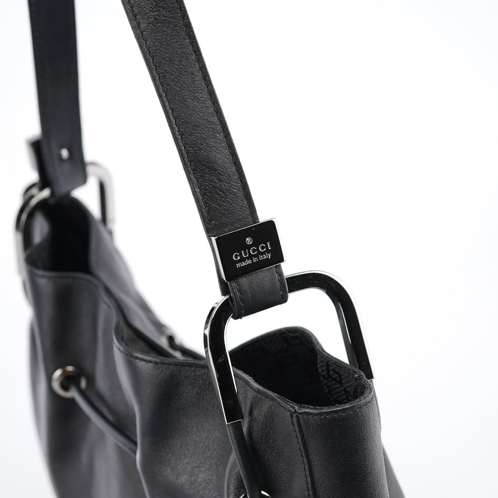 Black Leather Drawstring Shoulder Bag