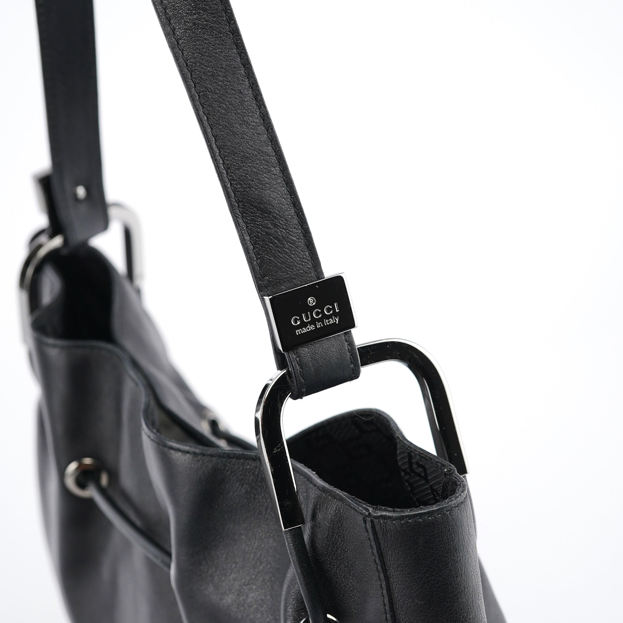 Black Leather Drawstring Shoulder Bag