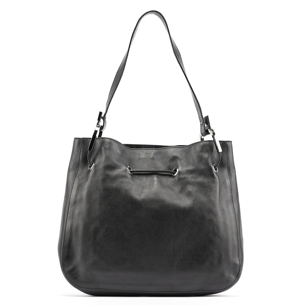 Black Leather Drawstring Shoulder Bag