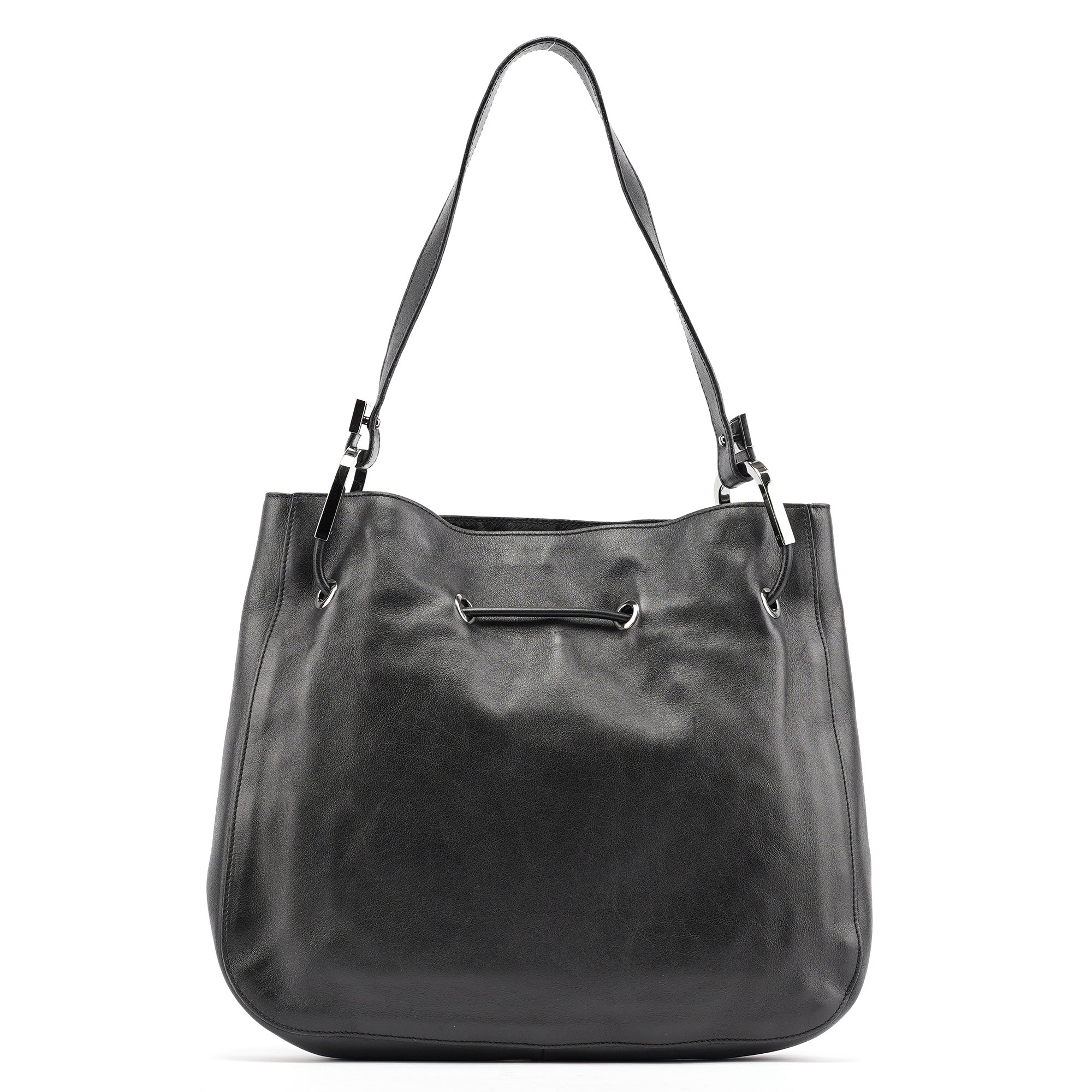 Black Leather Drawstring Shoulder Bag