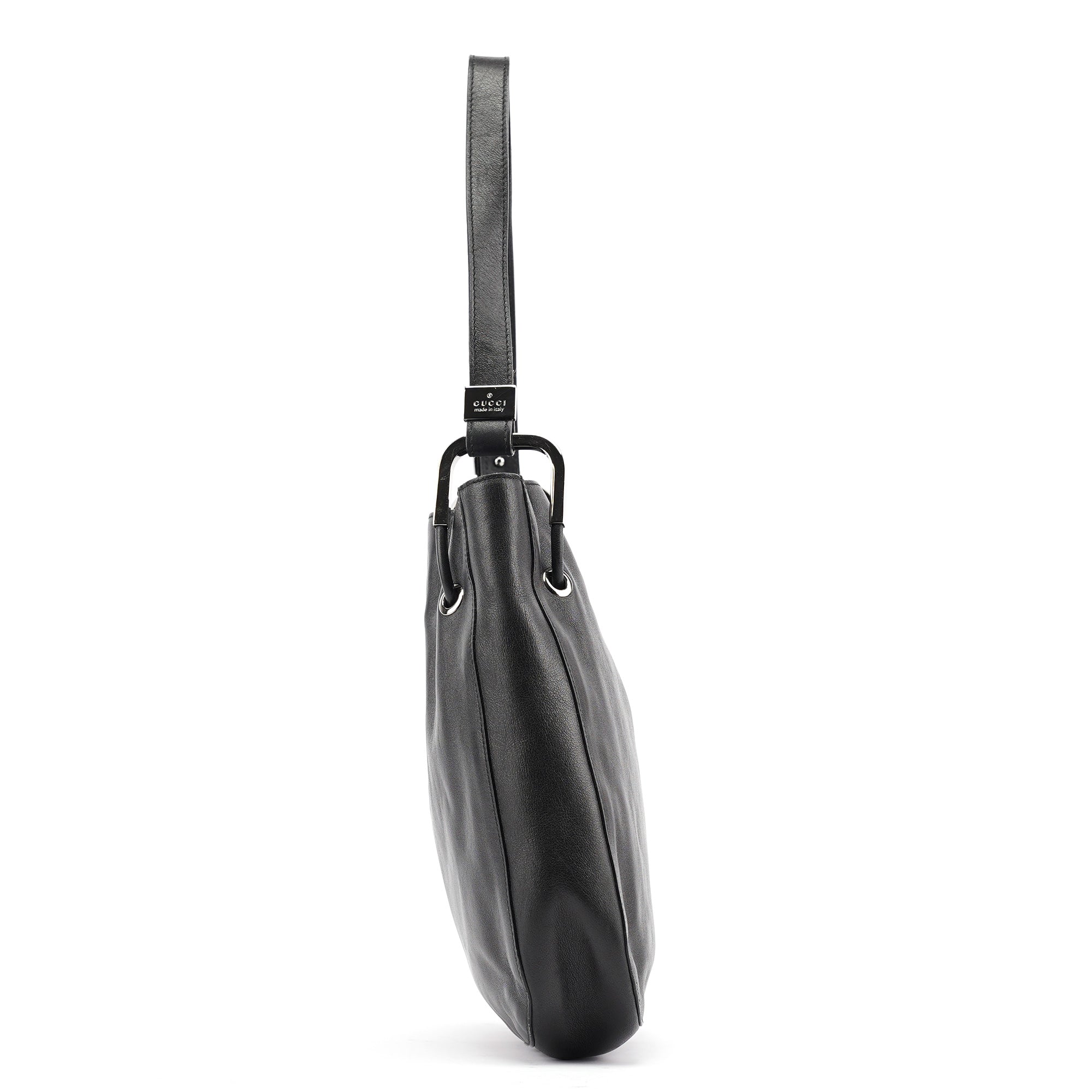 Black Leather Drawstring Shoulder Bag
