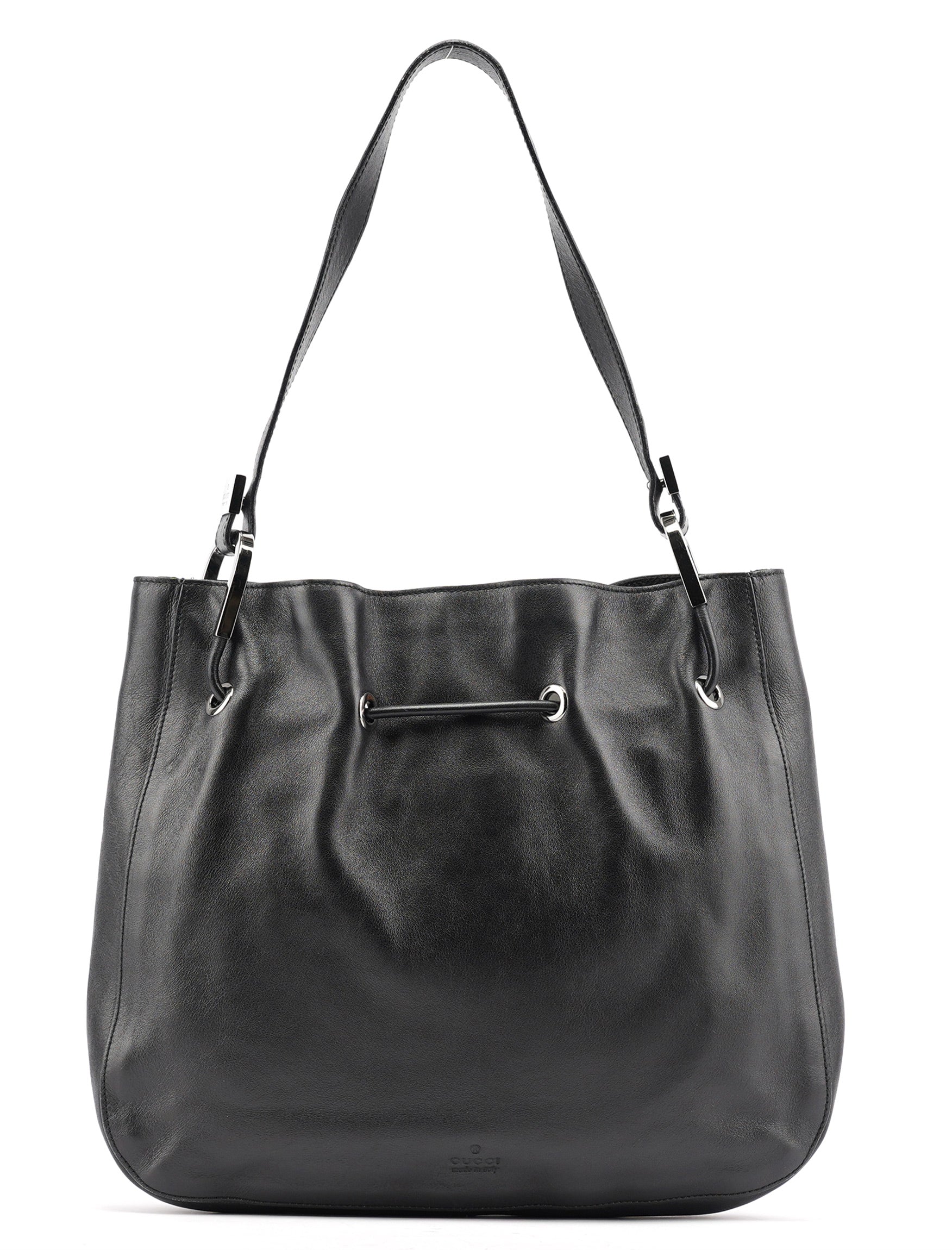 Black Leather Drawstring Shoulder Bag