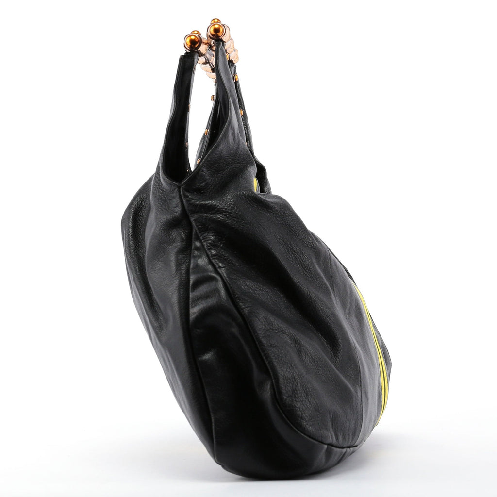 Black Leather Stripes Bamboo Bag