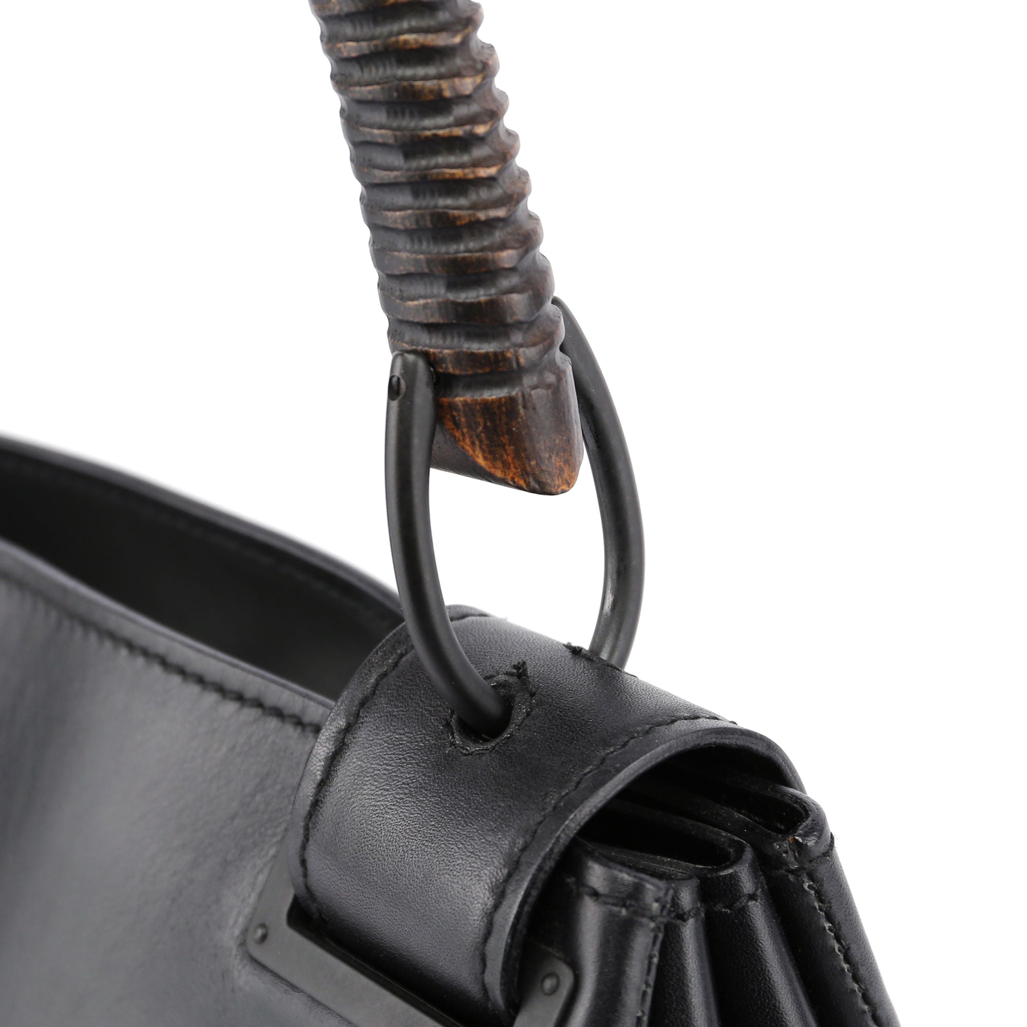 Black Leather Wood Handle Bag