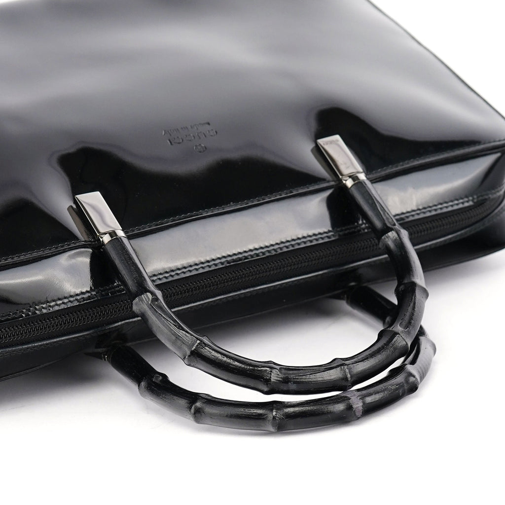 Black Patent Leather Bamboo Tote Bag