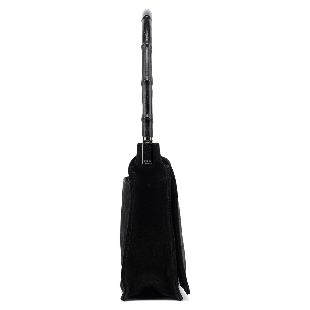 Black Suede Bamboo Flap Shoulder Bag