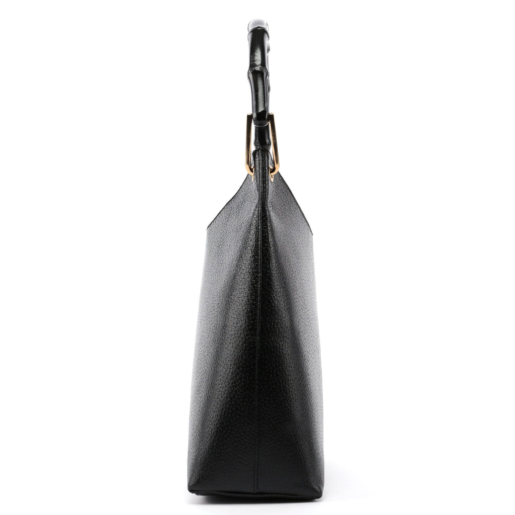 Black Textured Leather Bamboo Shoulder Bag