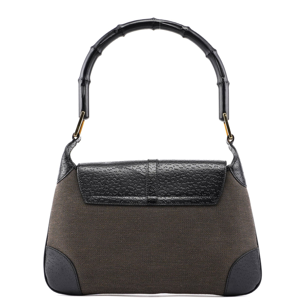Brown Canvas Leather Jackie Bamboo Shoulder Bag