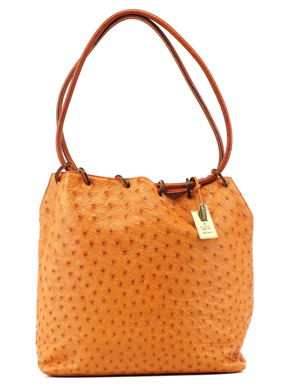 Cognac Ostrich Drawstring Shoulder Bag
