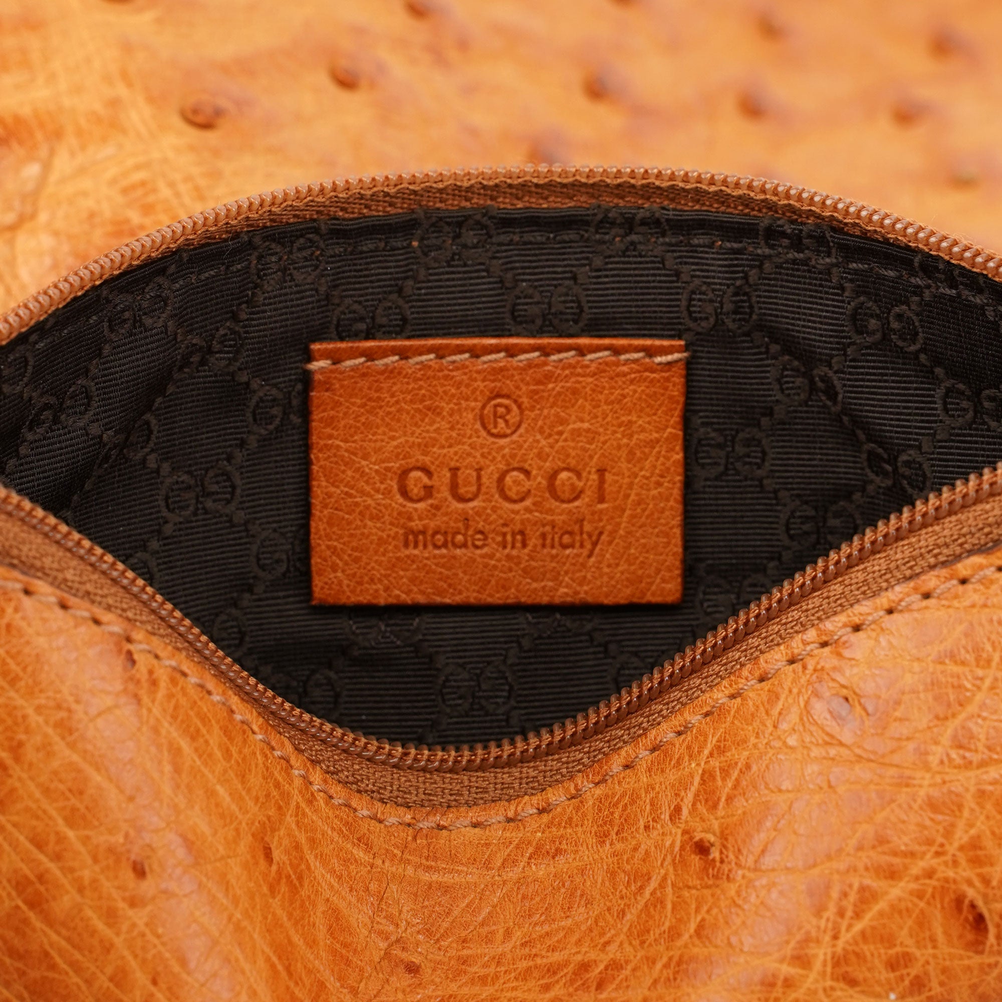 Cognac Ostrich Drawstring Shoulder Bag