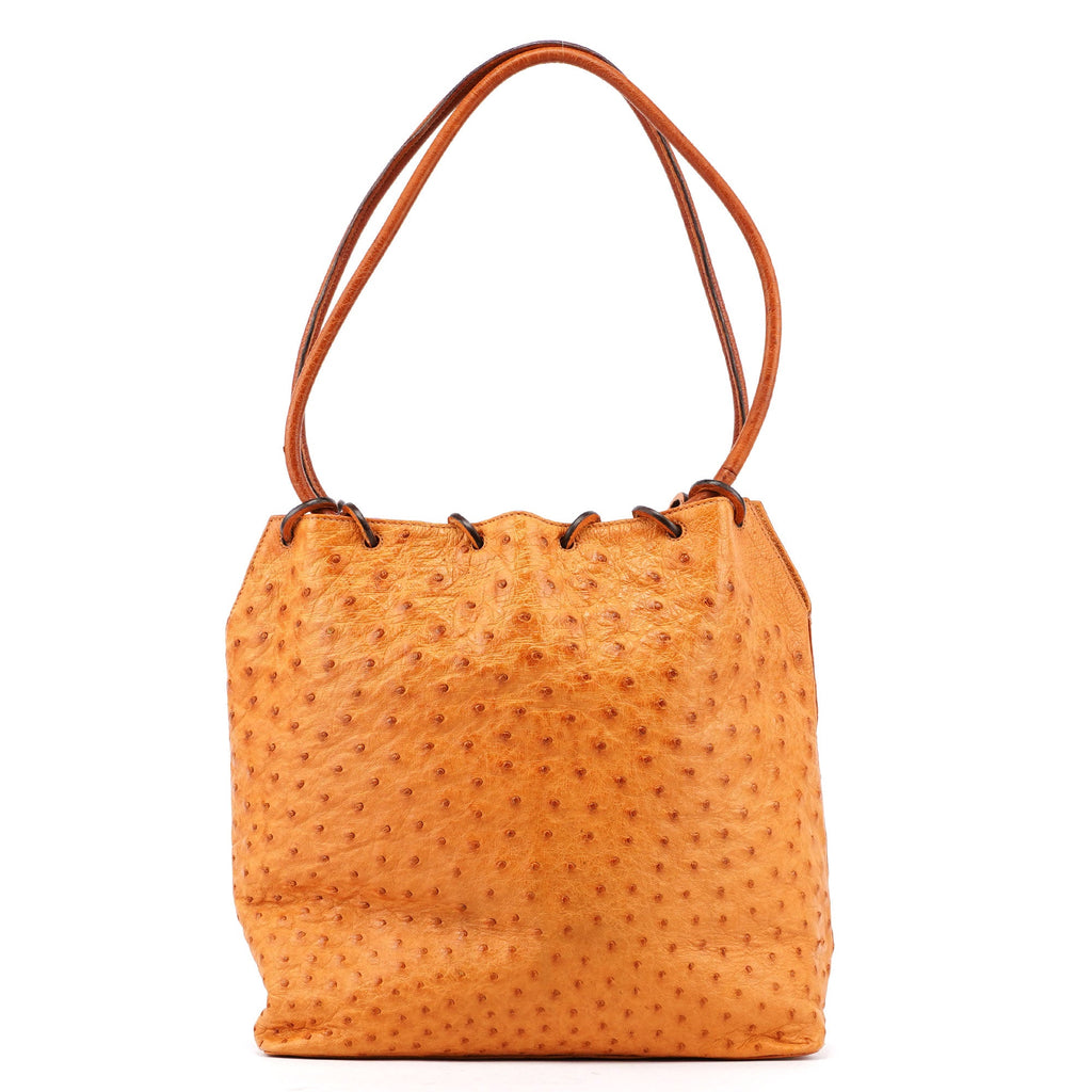 Cognac Ostrich Drawstring Shoulder Bag