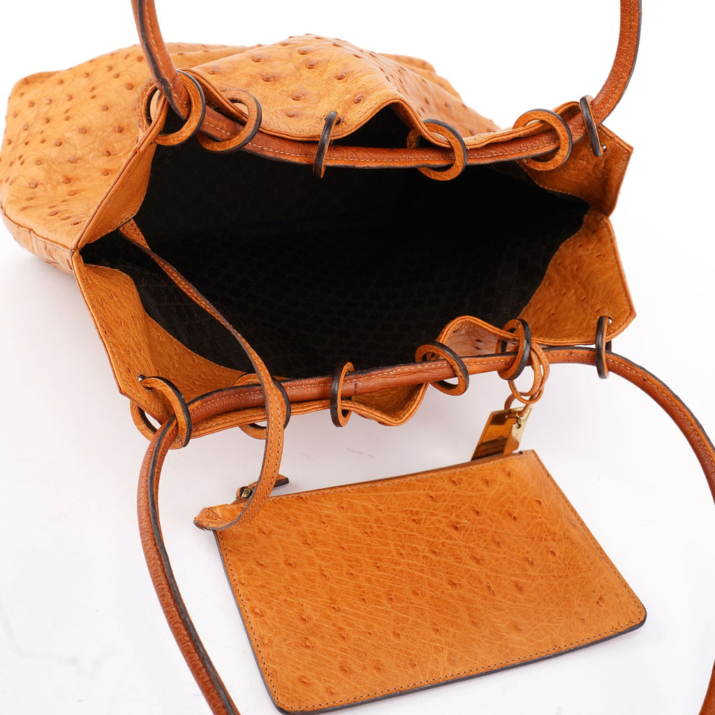 Cognac Ostrich Drawstring Shoulder Bag