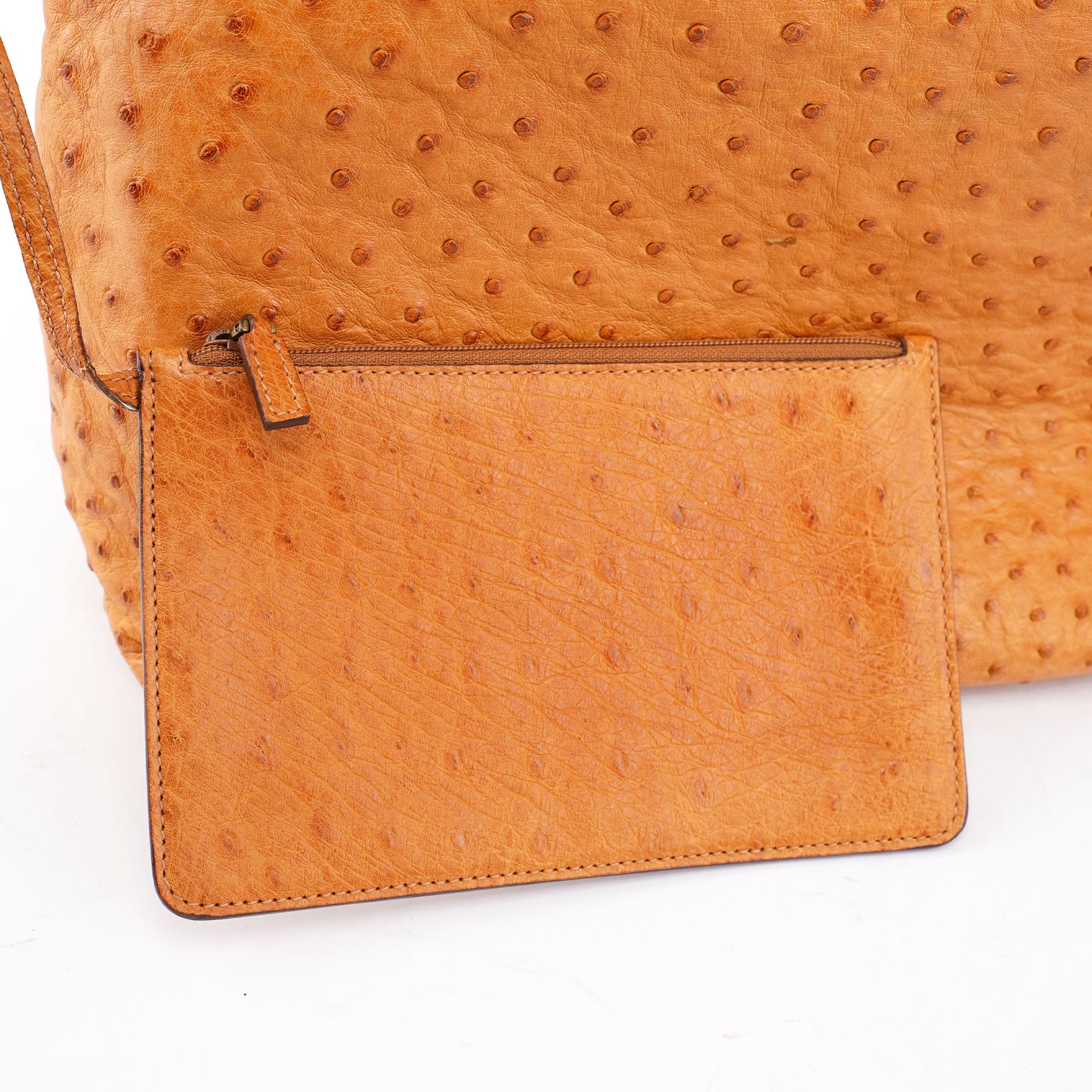 Cognac Ostrich Drawstring Shoulder Bag