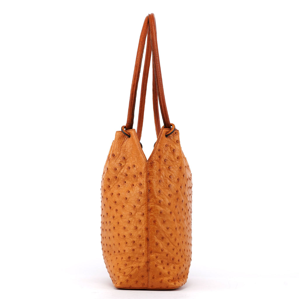 Cognac Ostrich Drawstring Shoulder Bag