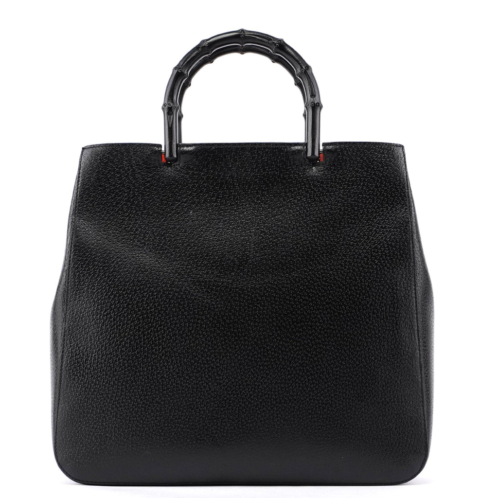 Guci Black Leather Bamboo Tote Red Int