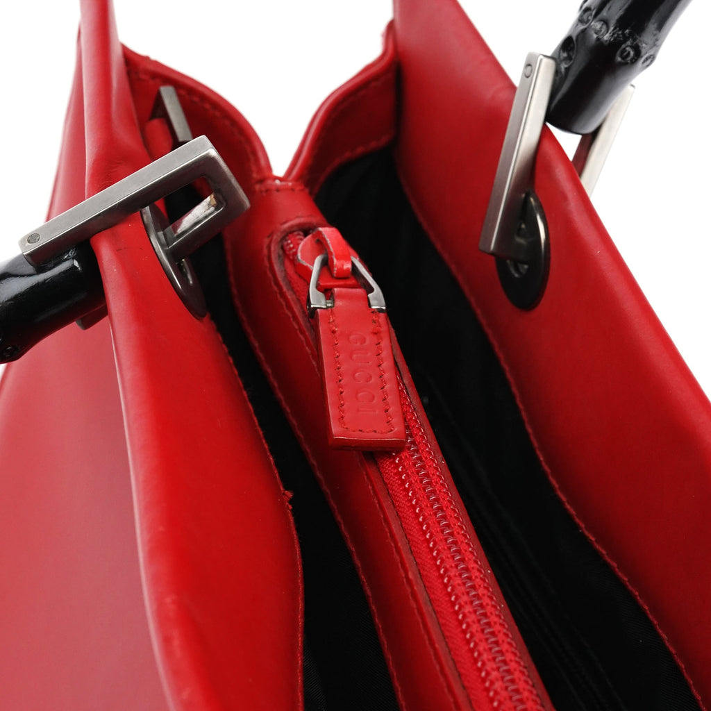 Matte Red Leather Bamboo 2-Way Tote Bag