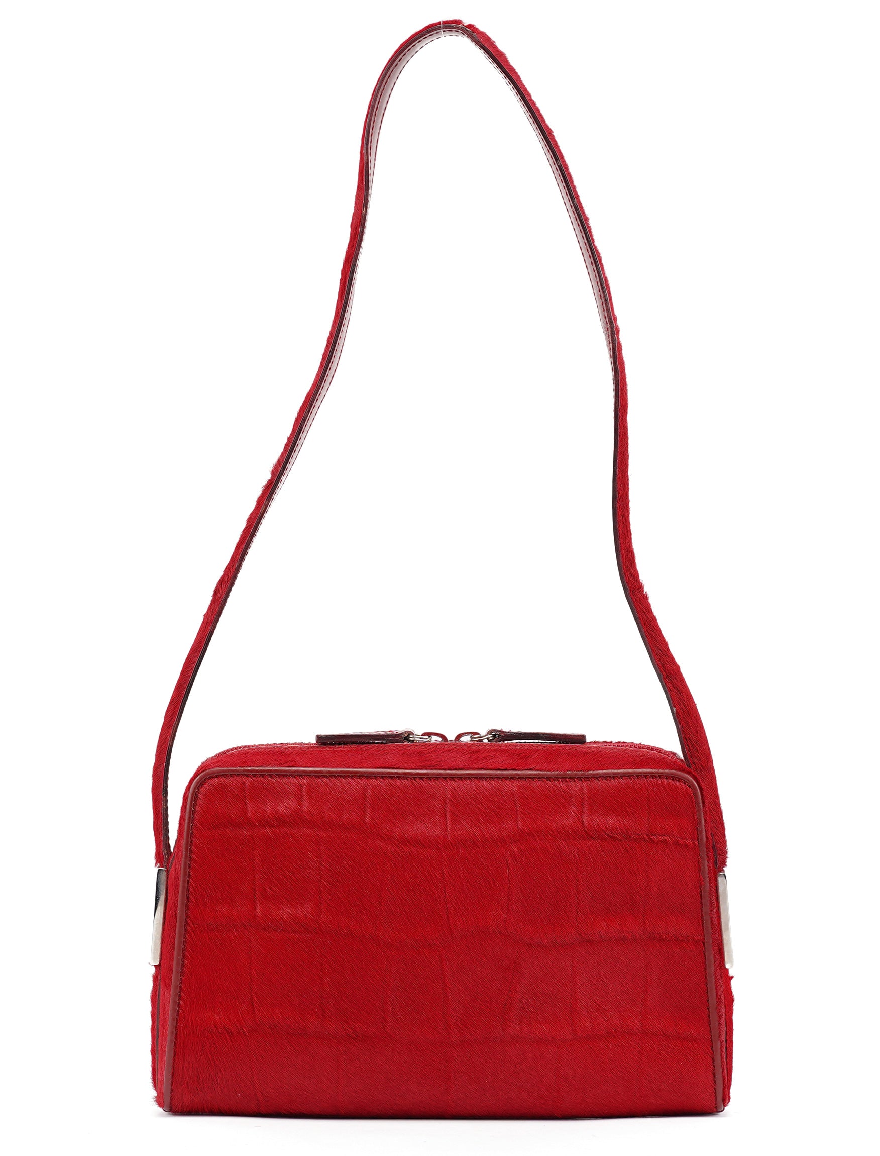 Red Calfhair Croc Embossed Shoulder Bag