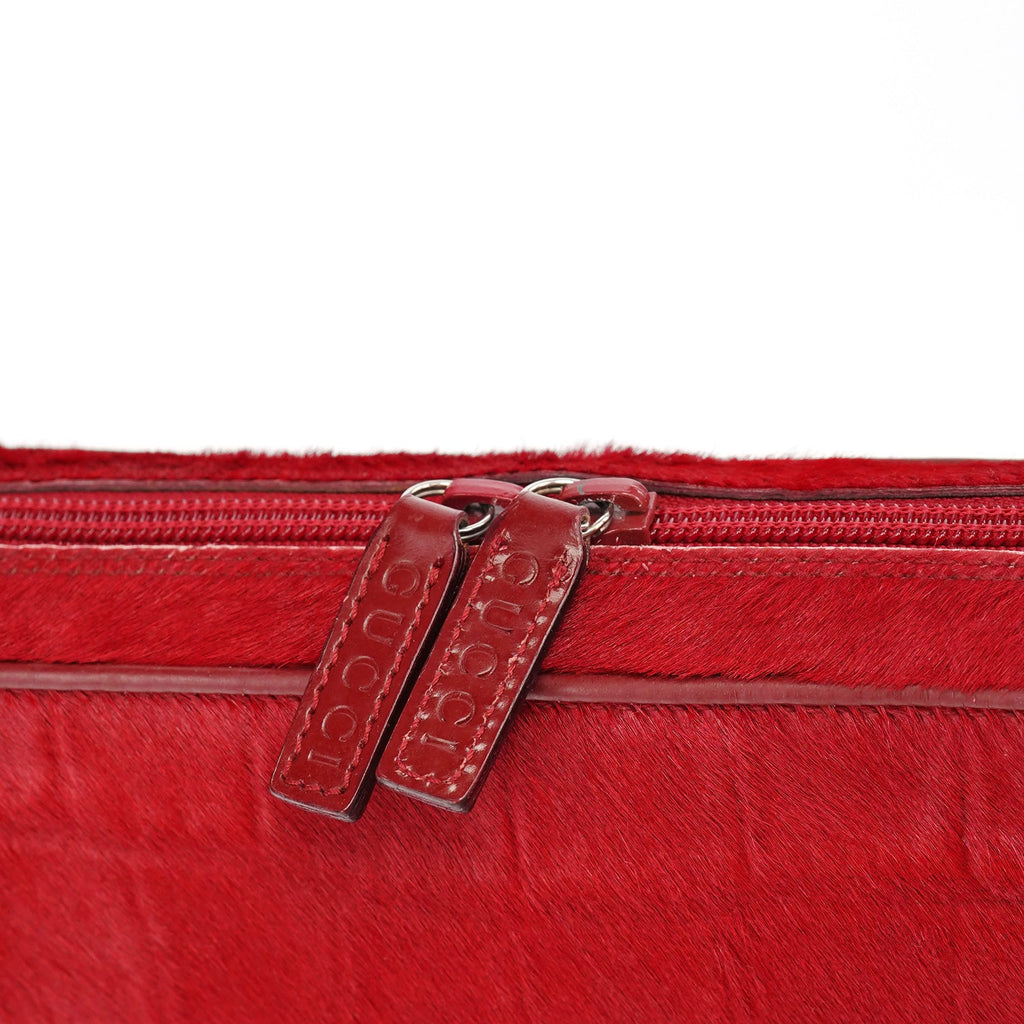 Red Calfhair Croc Embossed Shoulder Bag