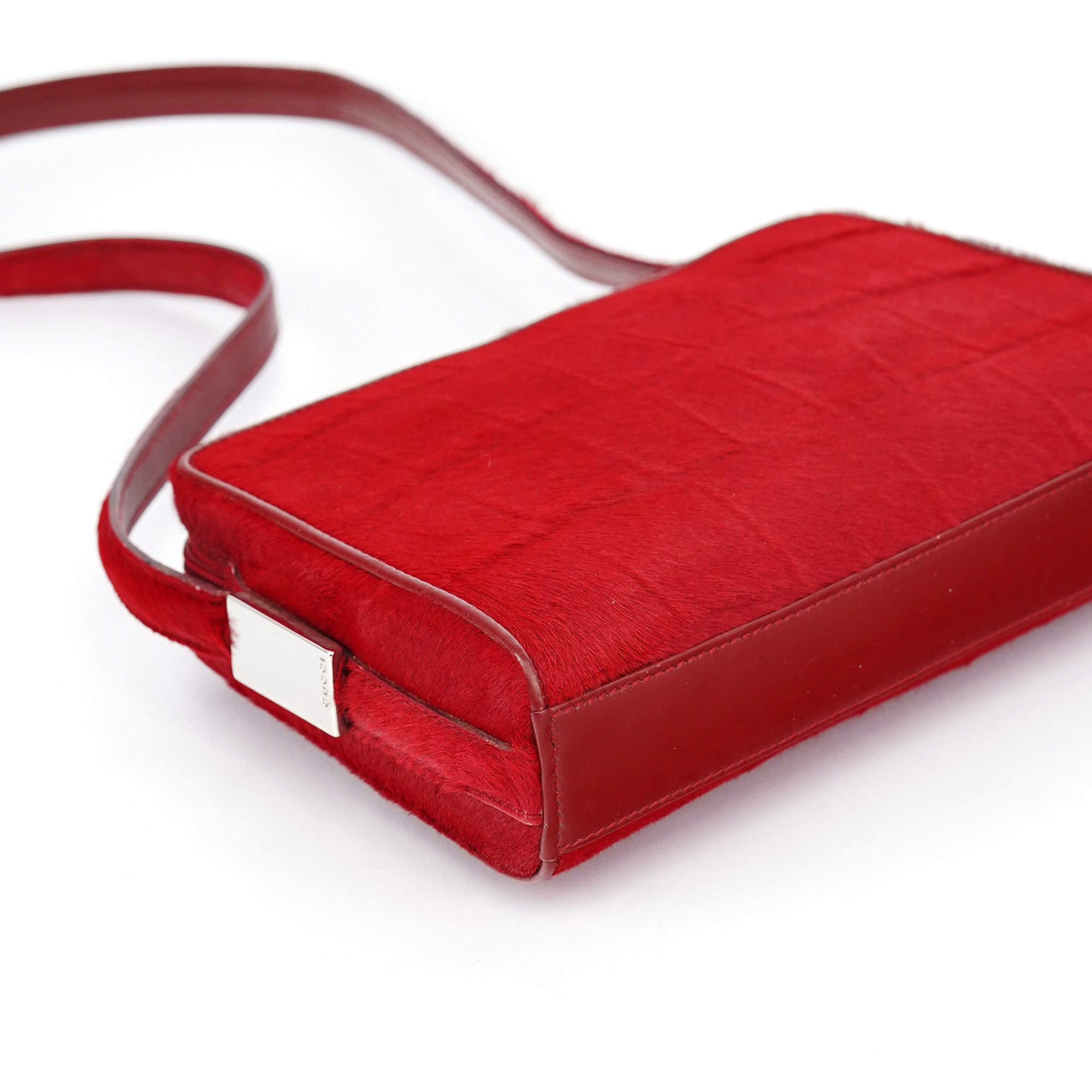 Red Calfhair Croc Embossed Shoulder Bag