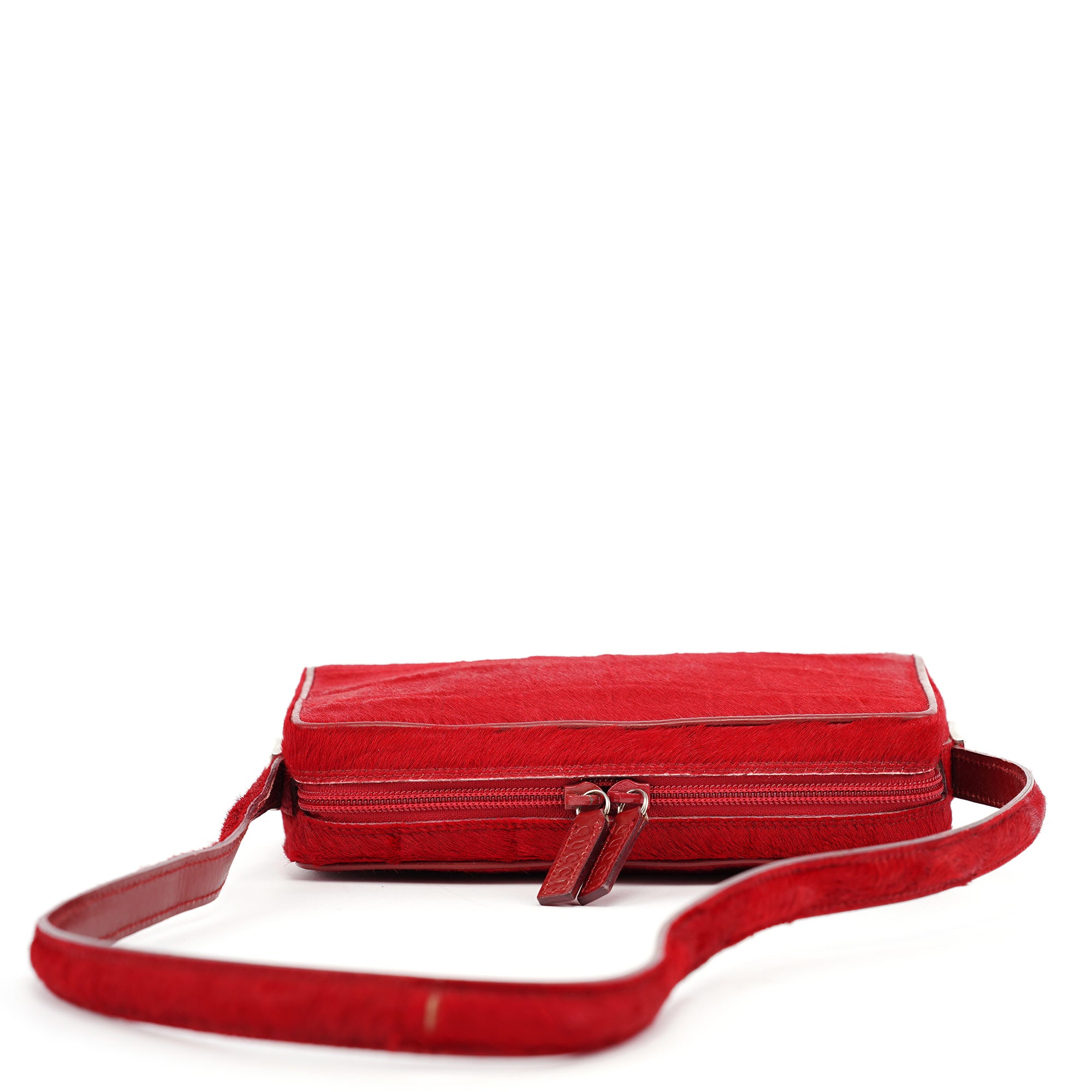 Red Calfhair Croc Embossed Shoulder Bag