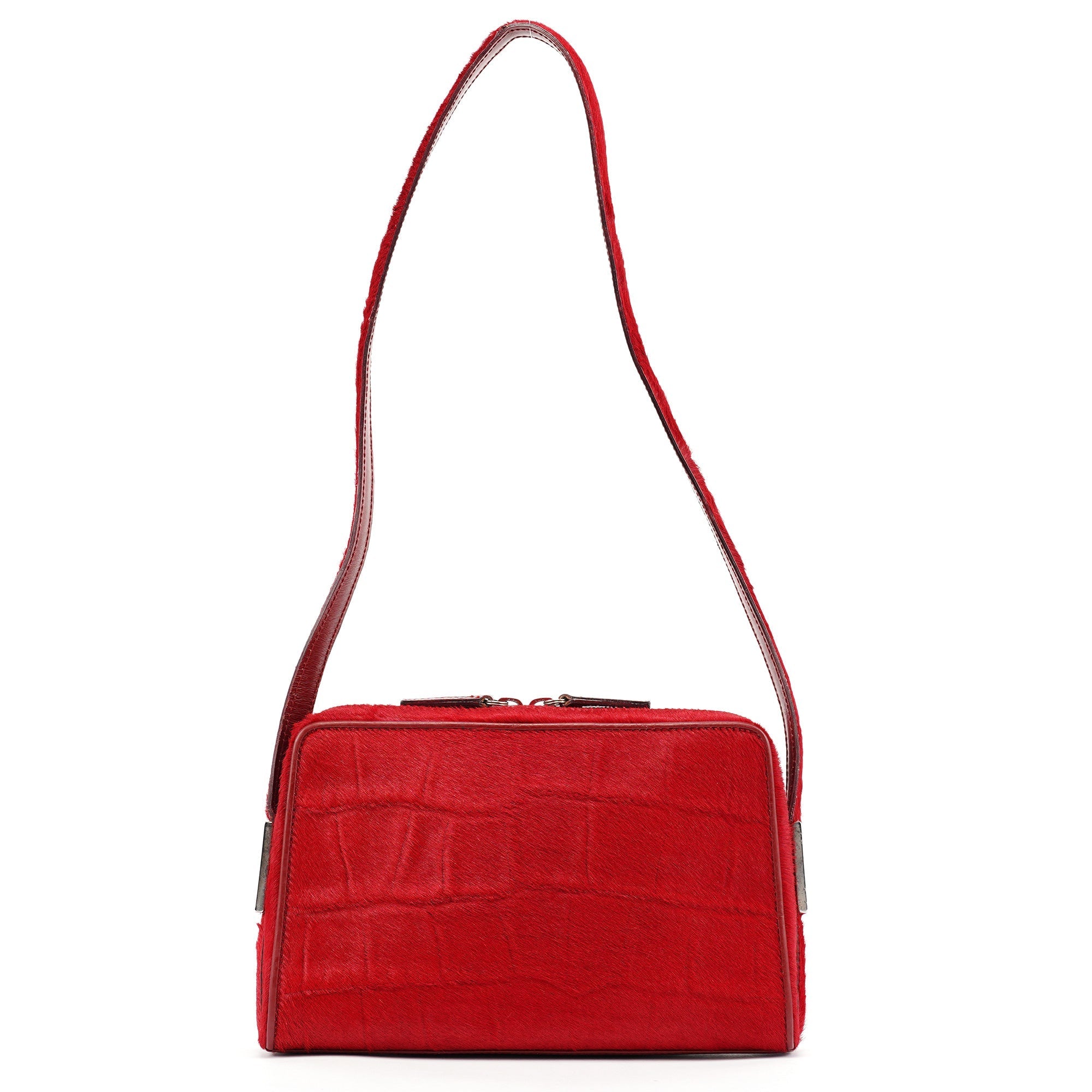 Red Calfhair Croc Embossed Shoulder Bag