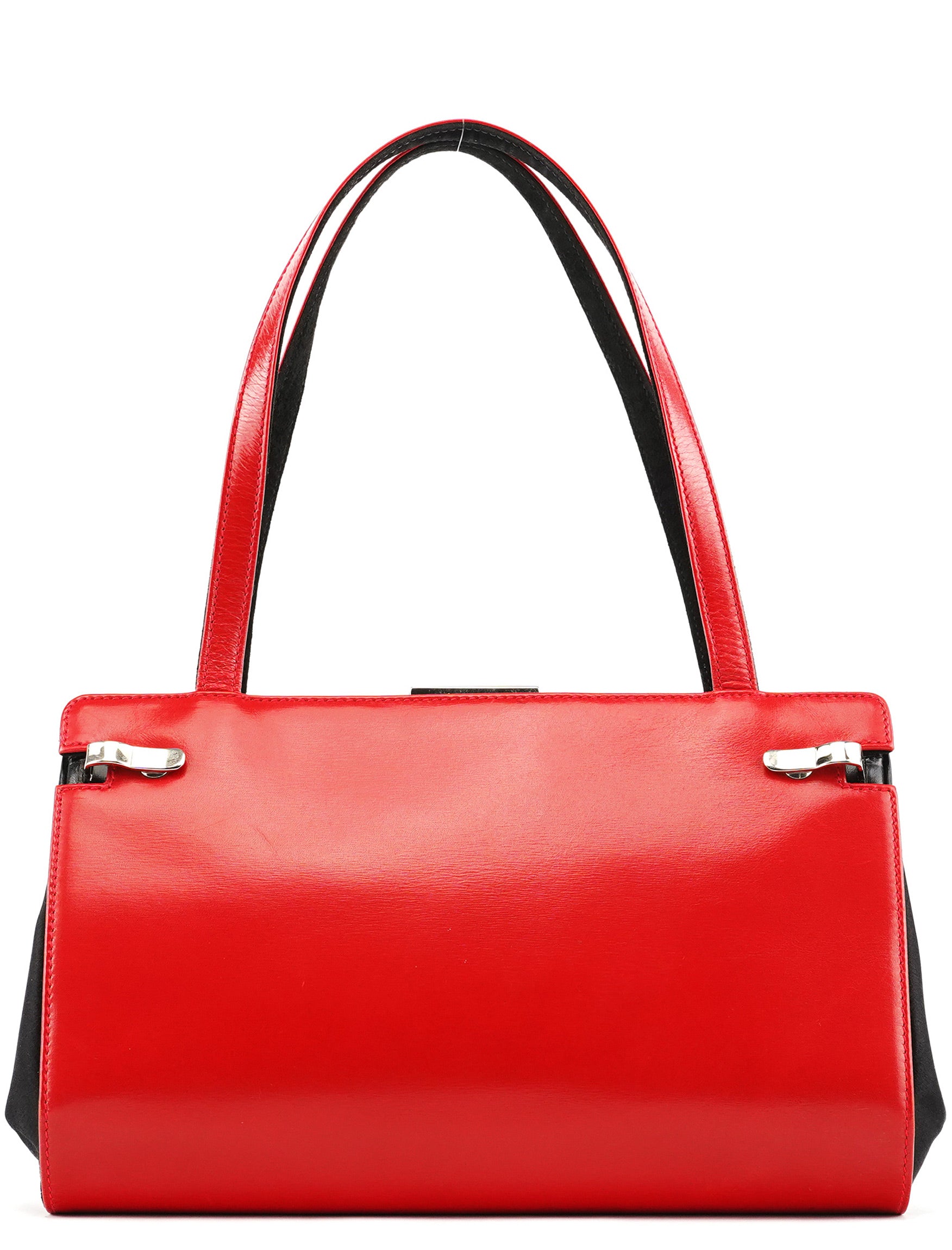 Red Calfskin Satin Clutch Tote Bag