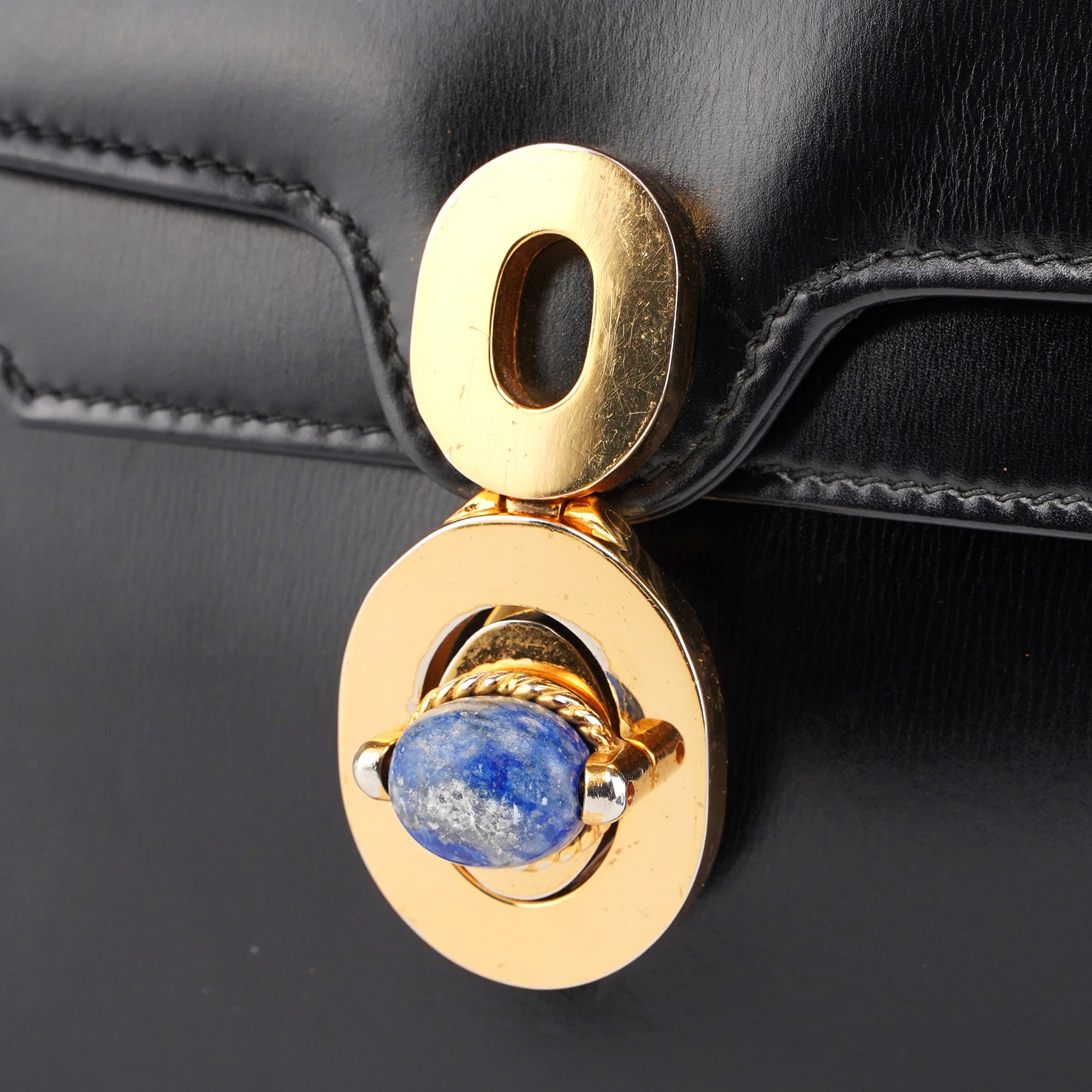 Vintage Black Calfskin Lapis Lazuli Shoulder Bag