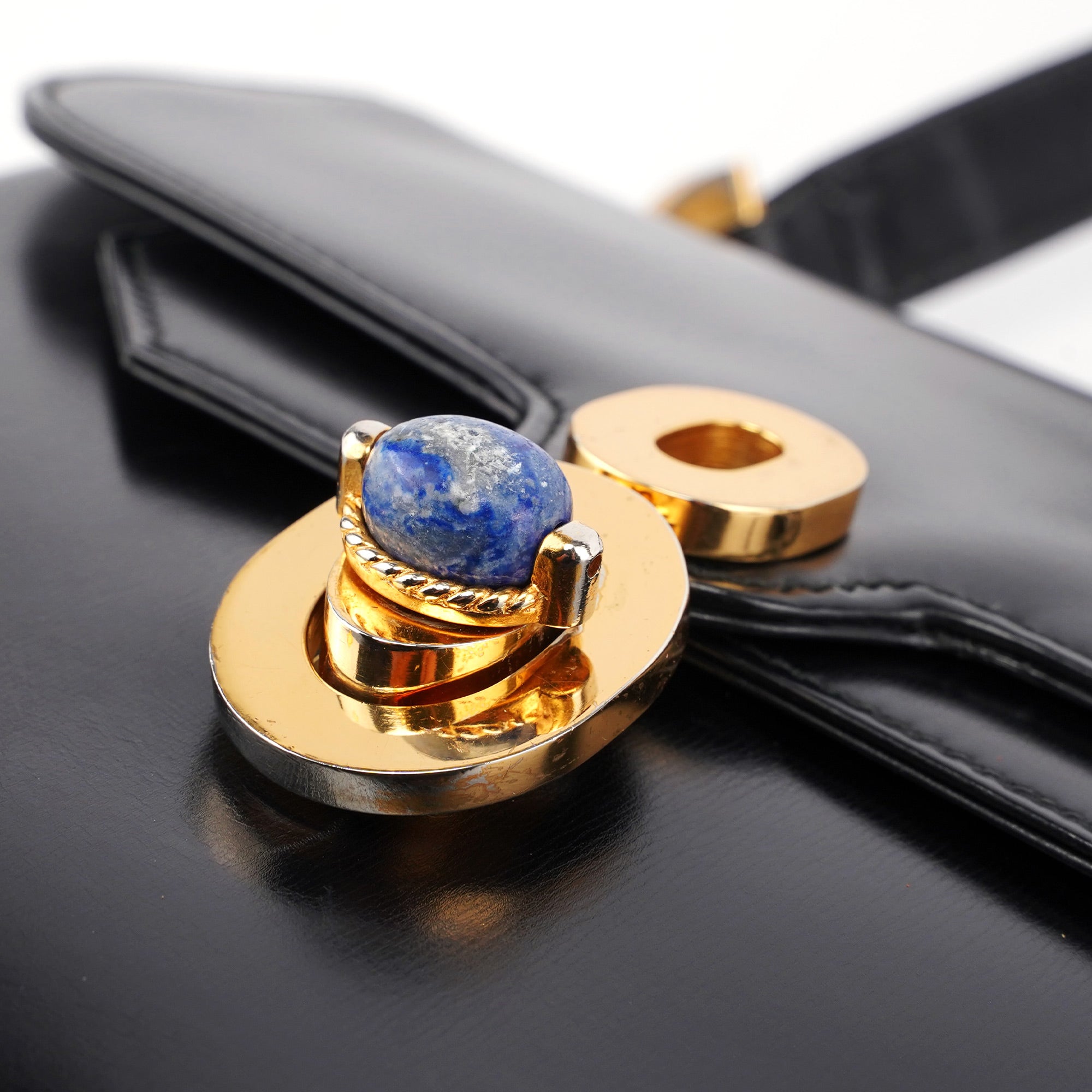Vintage Black Calfskin Lapis Lazuli Shoulder Bag