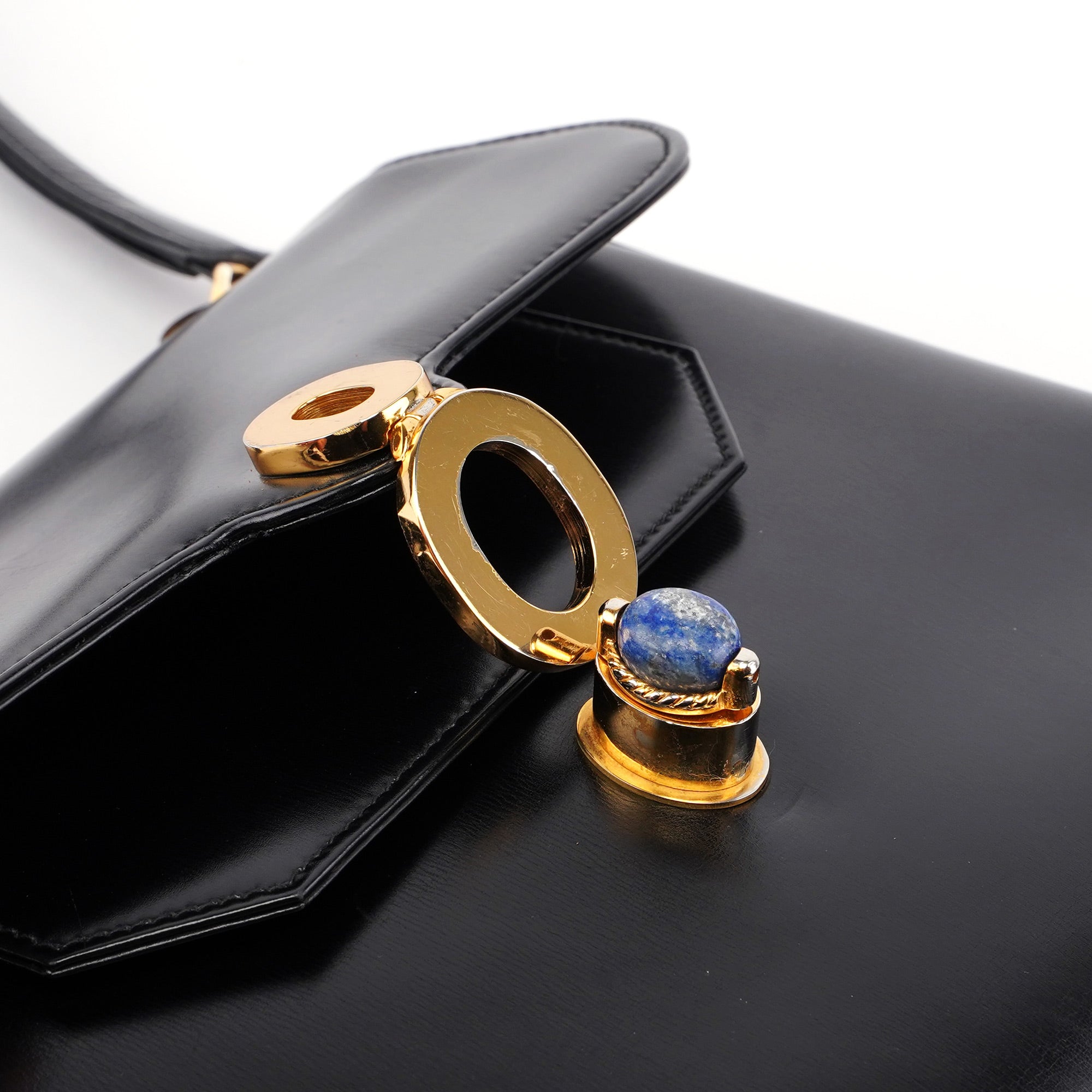 Vintage Black Calfskin Lapis Lazuli Shoulder Bag