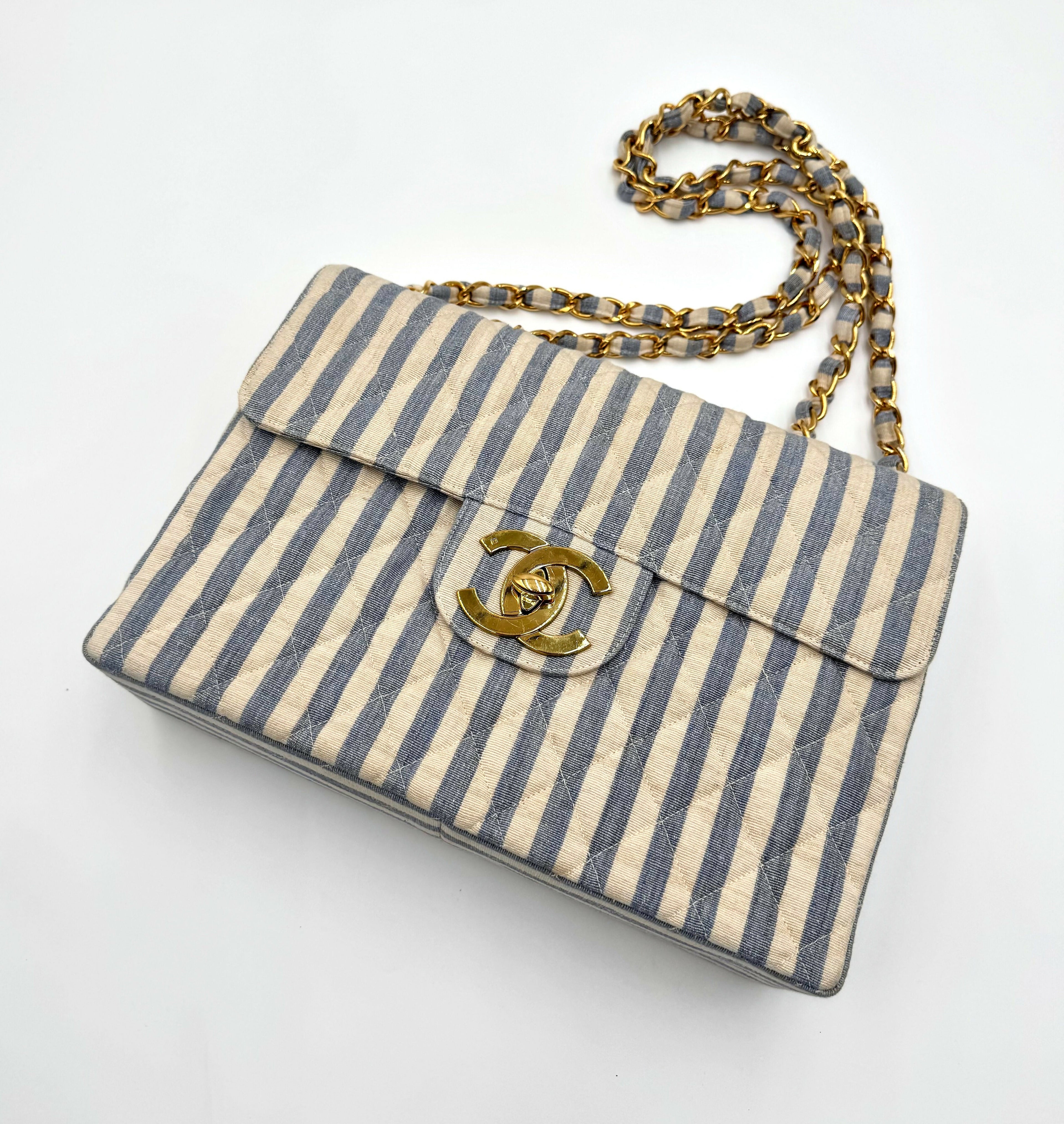 Chanel Vintage 1990s Jumbo Blue and White Striped Linen and Cotton Classic Flap Bag