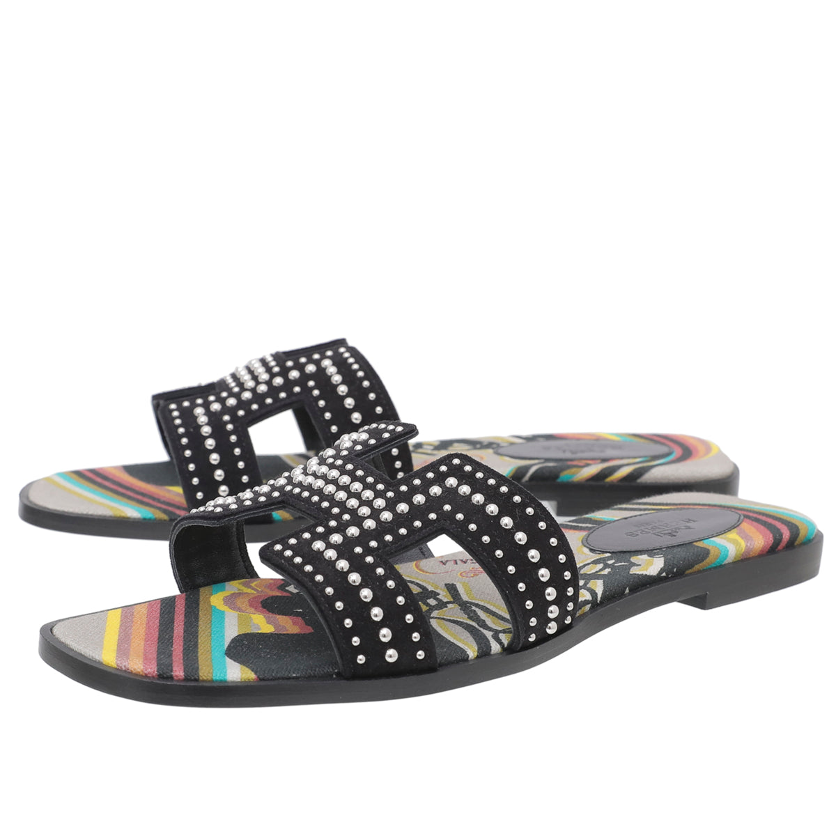 Hermes Noir Oran Suede Goatskin Studs Sandals 38.5