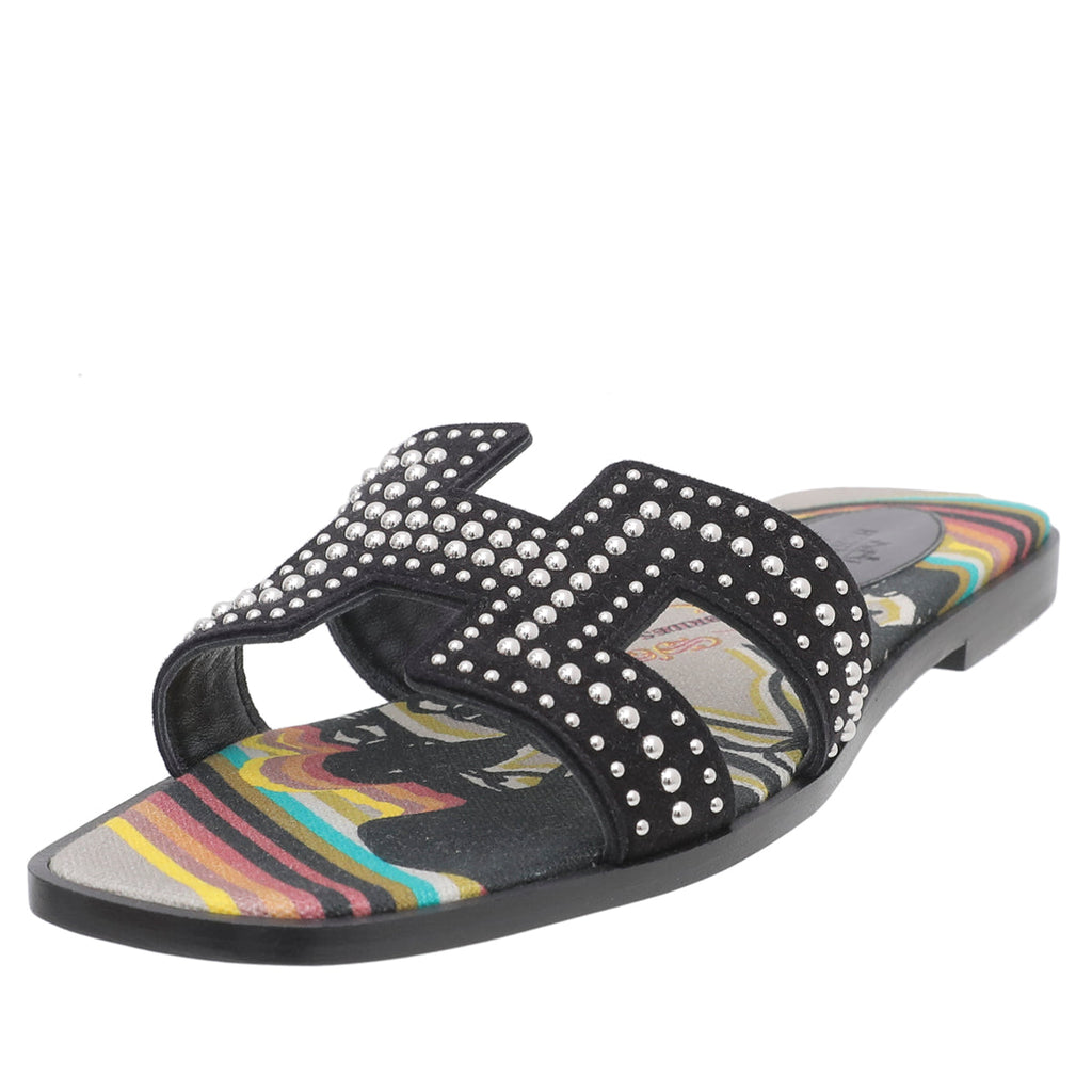 Hermes Noir Oran Suede Goatskin Studs Sandals 38.5