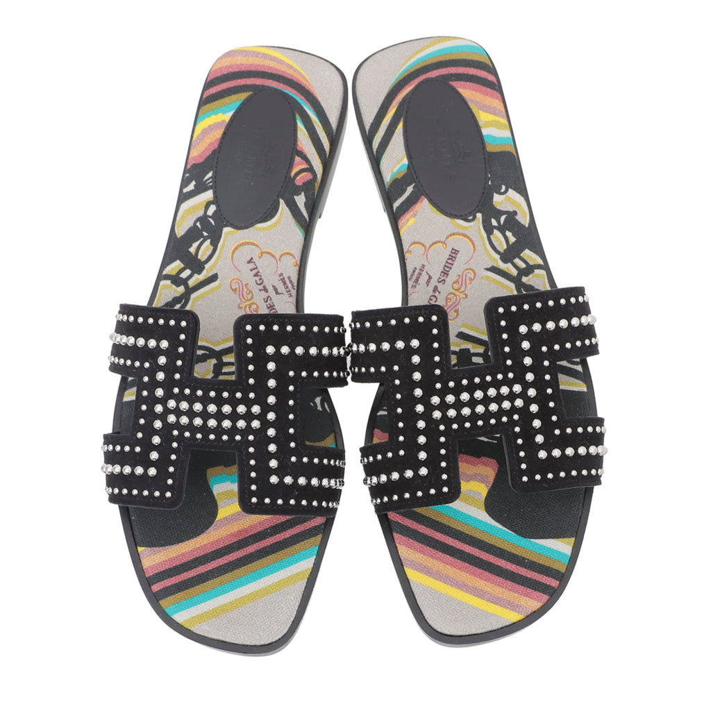 Hermes Noir Oran Suede Goatskin Studs Sandals 38.5