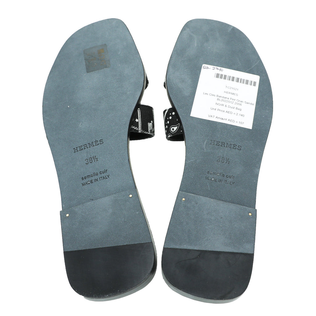 Hermes Noir Les Cles Bandana Pint Oran Sandals 38.5
