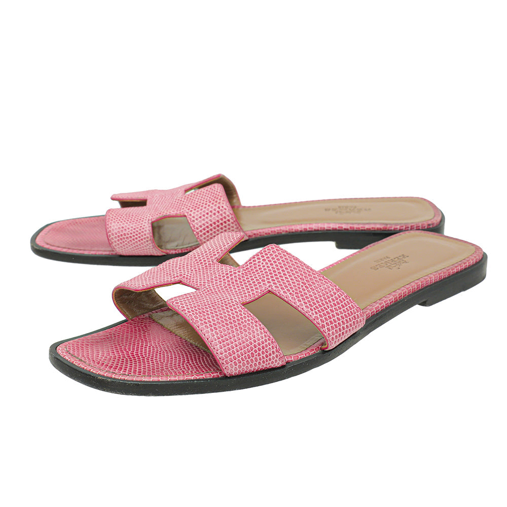 Hermes Pink Lizard Oran Sandals 39