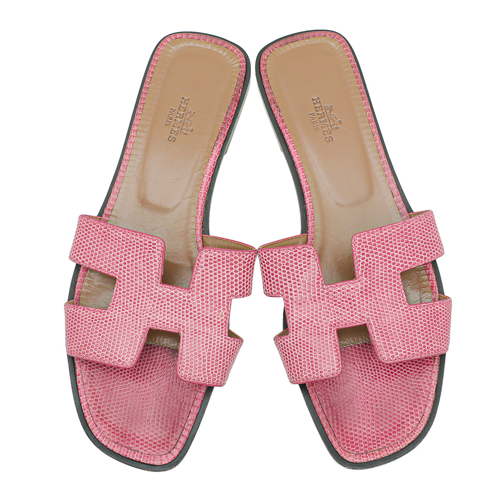 Hermes Pink Lizard Oran Sandals 39