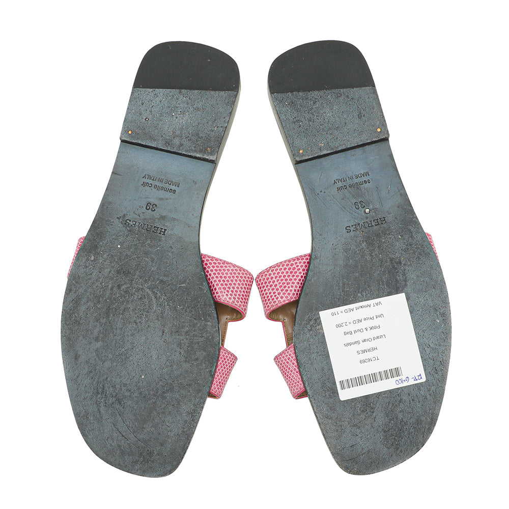 Hermes Pink Lizard Oran Sandals 39