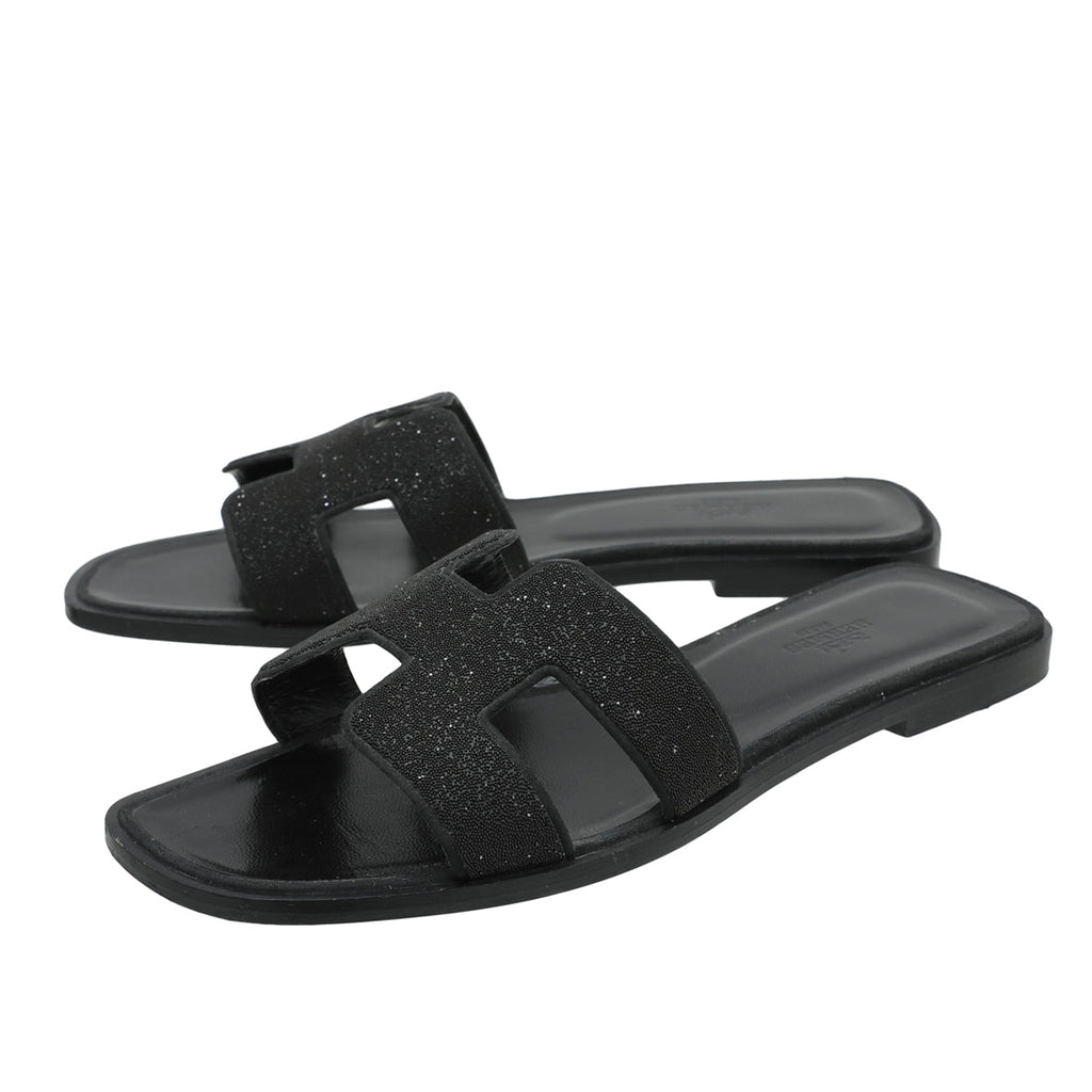 Hermes Noir Oran Rhinestone Embellished Sandals 39