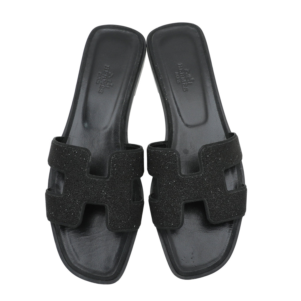 Hermes Noir Oran Rhinestone Embellished Sandals 39